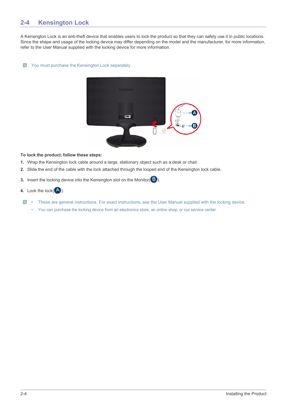 4 kensington lock, Kensington lock -4 | Samsung LS19A10NS-ZA User Manual | Page 16 / 34