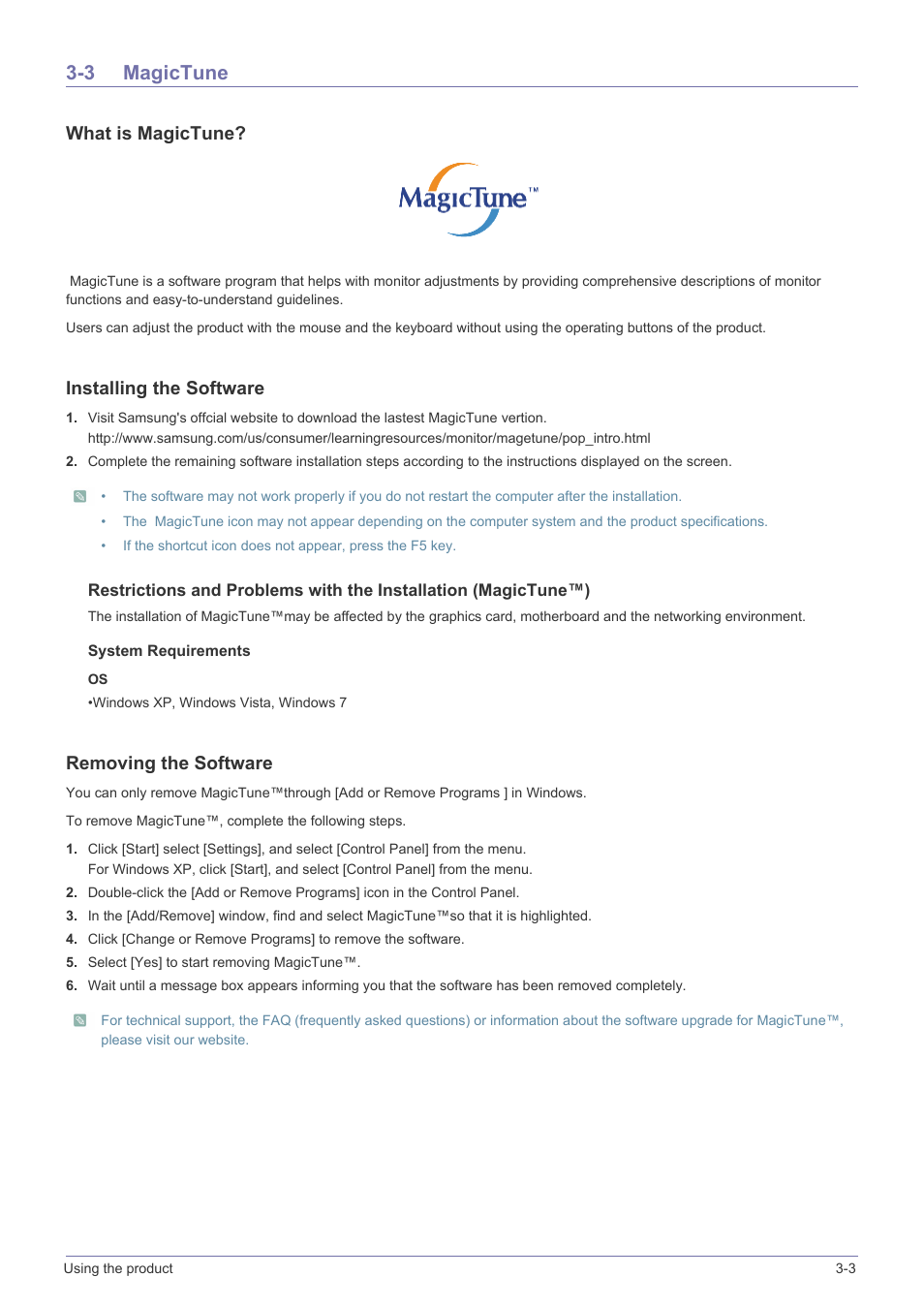 3 magictune, Magictune -3, What is magictune | Installing the software, Removing the software | Samsung LS19A10NS-ZA User Manual | Page 21 / 34