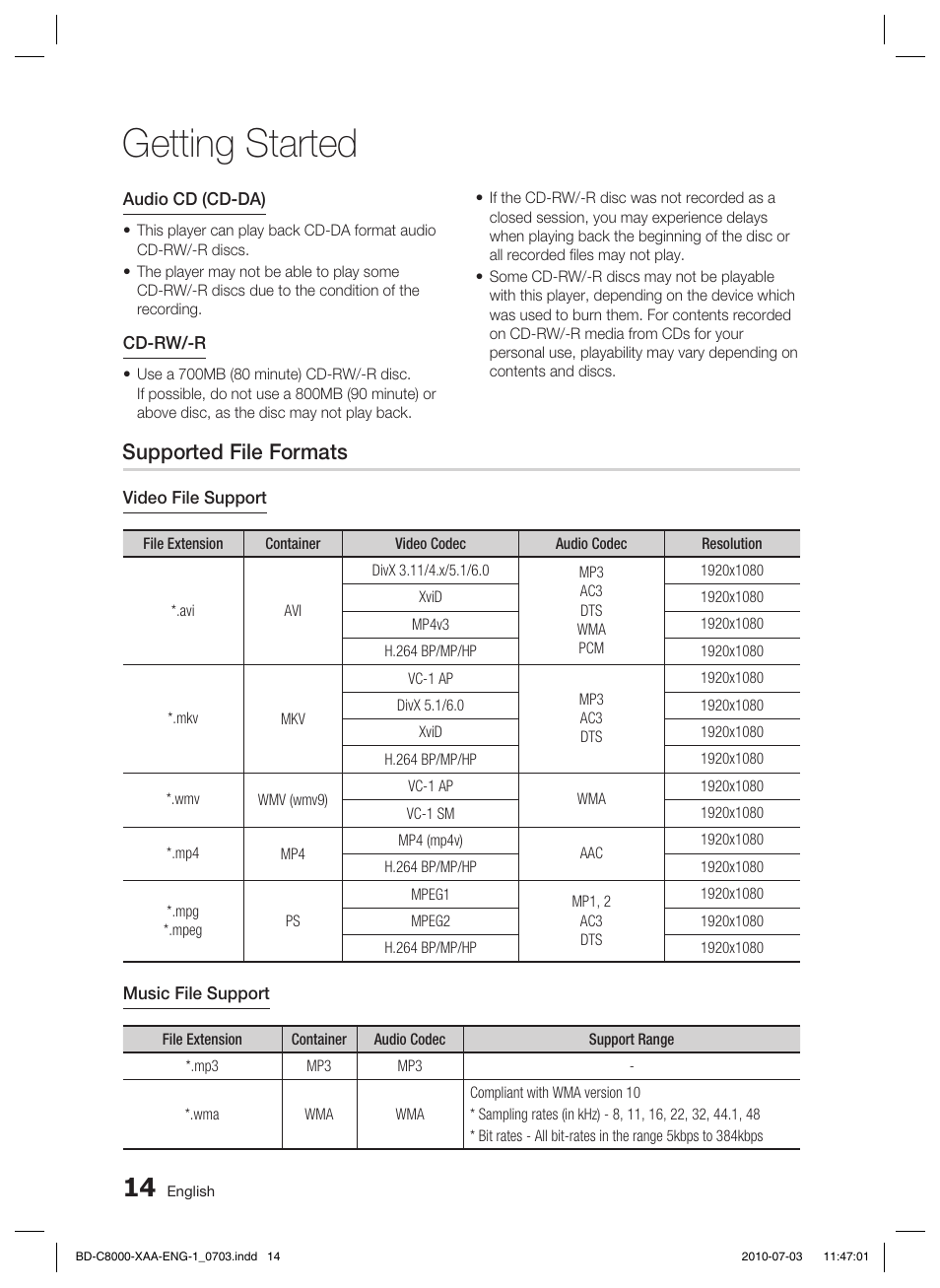 Supported file formats, Getting started | Samsung BD-C8000-XAA User Manual | Page 14 / 85