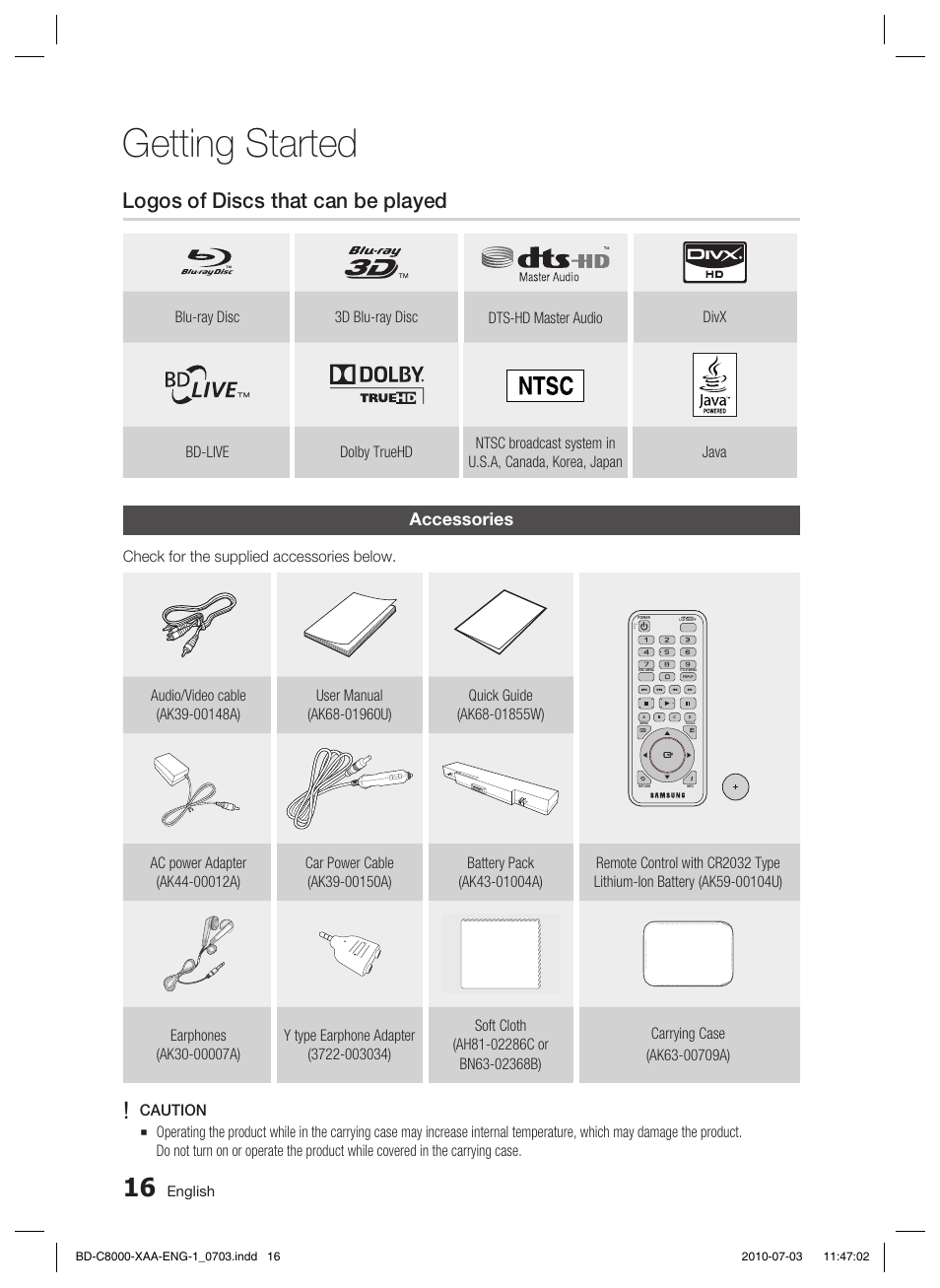 Logos of discs that can be played, Accessories, Getting started | Samsung BD-C8000-XAA User Manual | Page 16 / 85