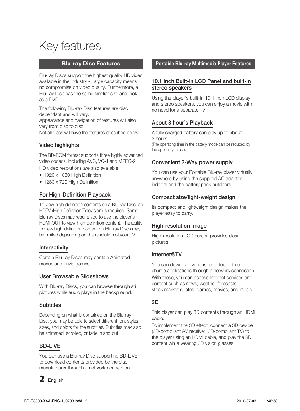 Key features, Blu-ray disc features, Portable blu-ray multimedia player features | Samsung BD-C8000-XAA User Manual | Page 2 / 85