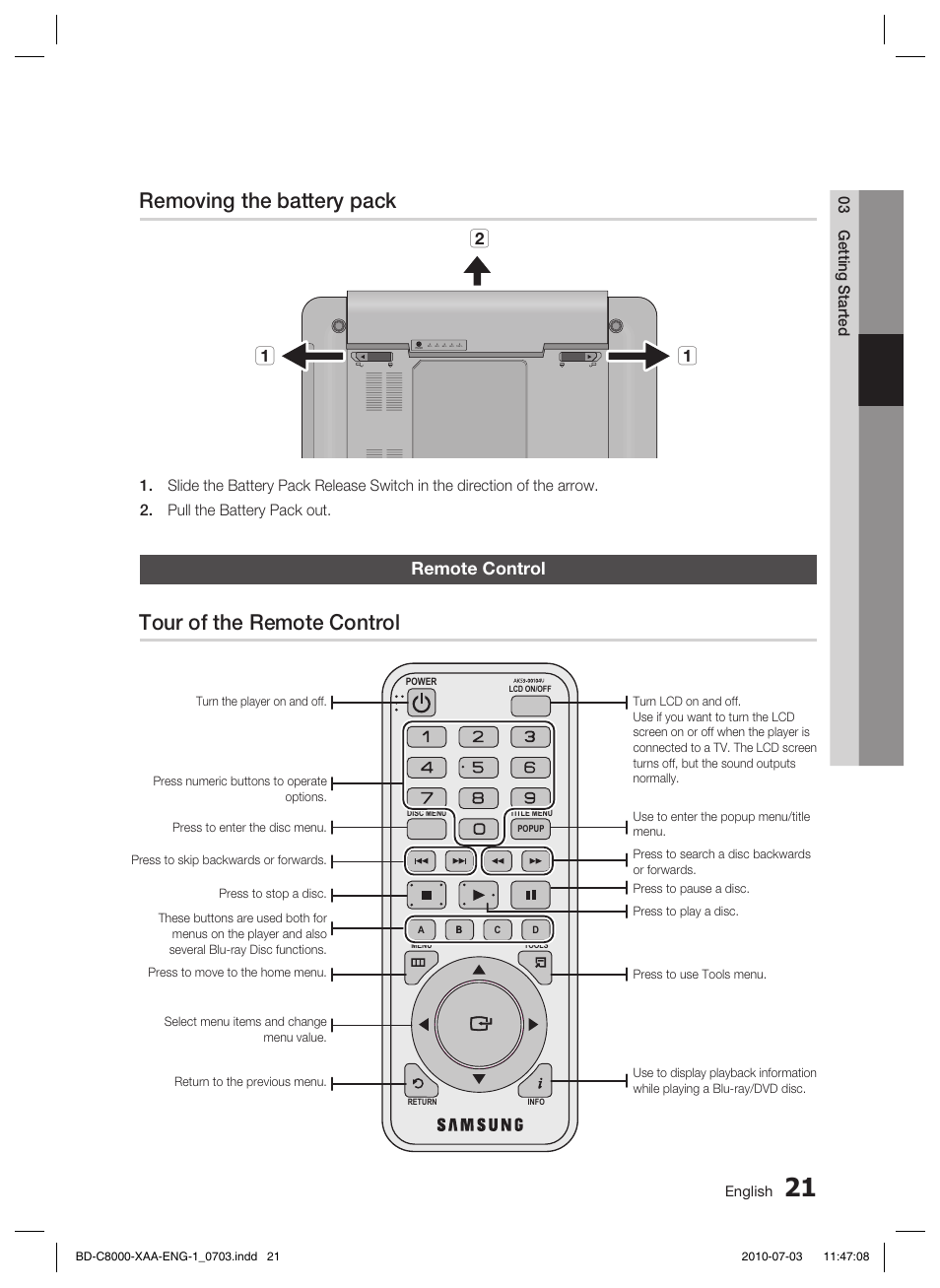 Removing the battery pack, Remote control, Tour of the remote control | Ab a | Samsung BD-C8000-XAA User Manual | Page 21 / 85