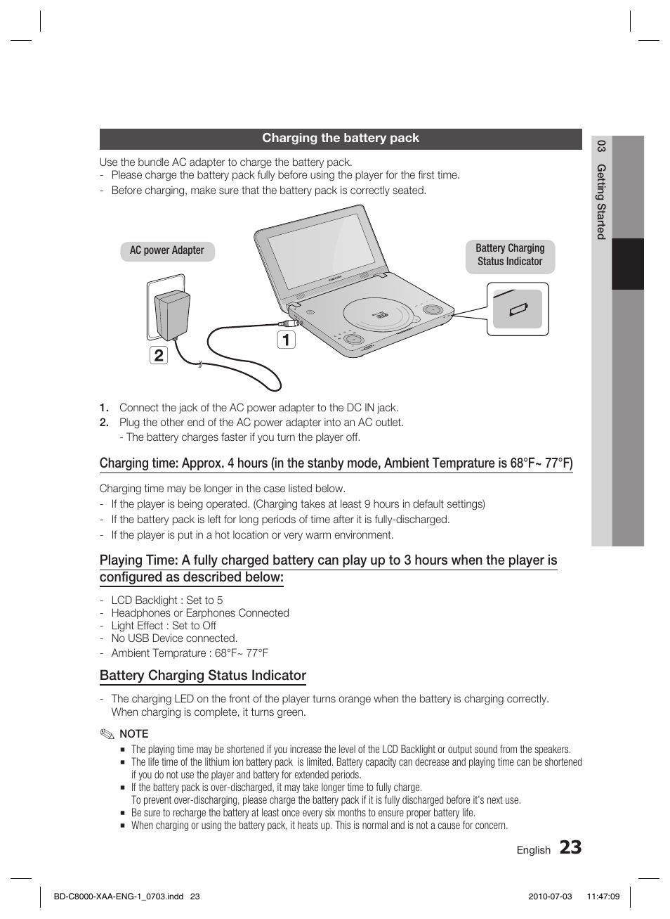 Charging the battery pack | Samsung BD-C8000-XAA User Manual | Page 23 / 85