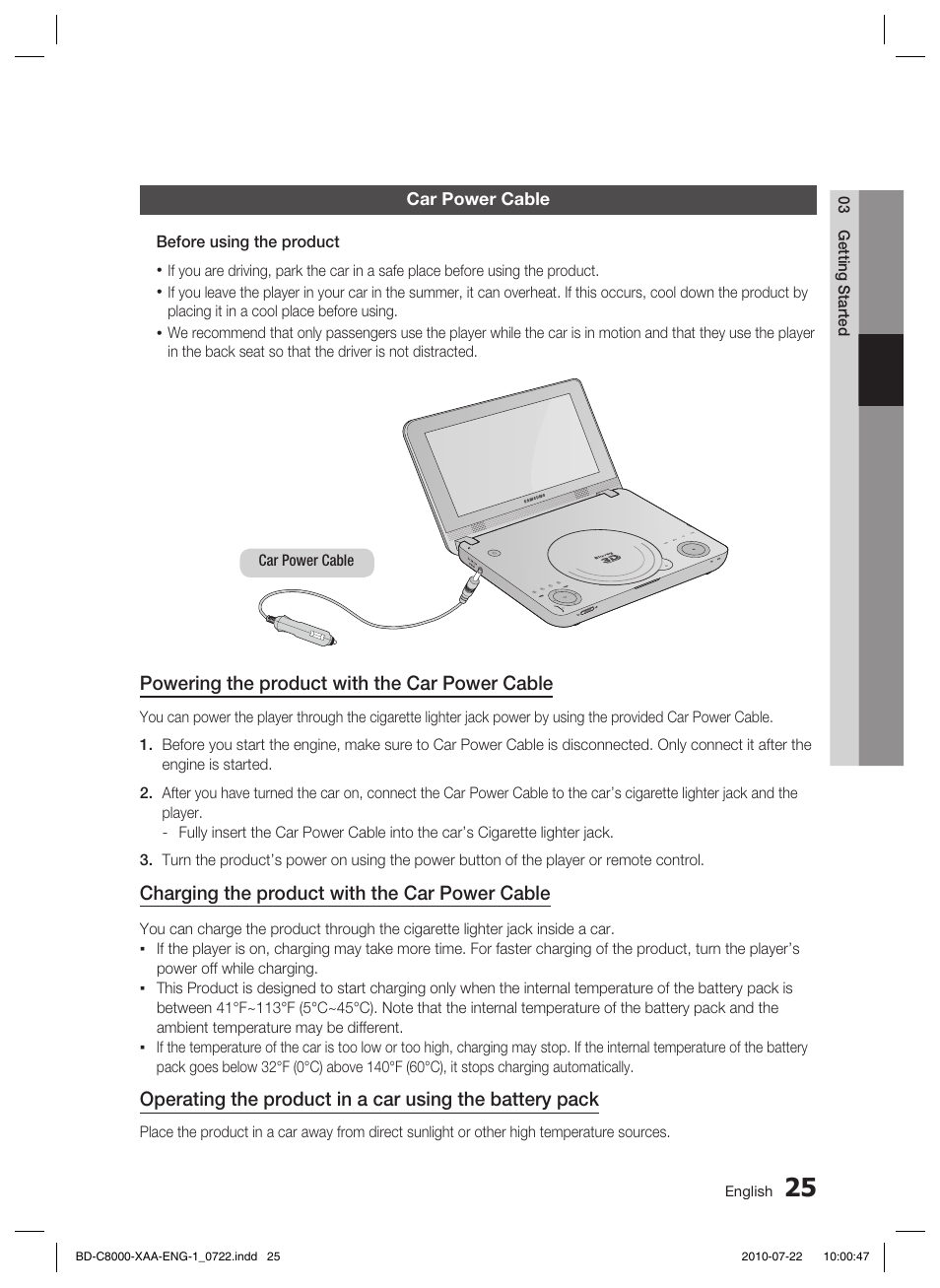 Car power cable, Powering the product with the car power cable, Charging the product with the car power cable | Samsung BD-C8000-XAA User Manual | Page 25 / 85