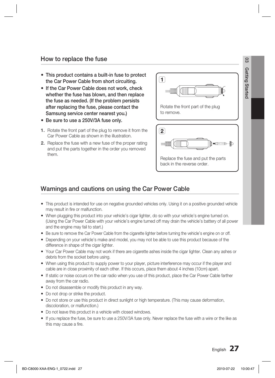 Warnings and cautions on using the car power cable, How to replace the fuse a | Samsung BD-C8000-XAA User Manual | Page 27 / 85