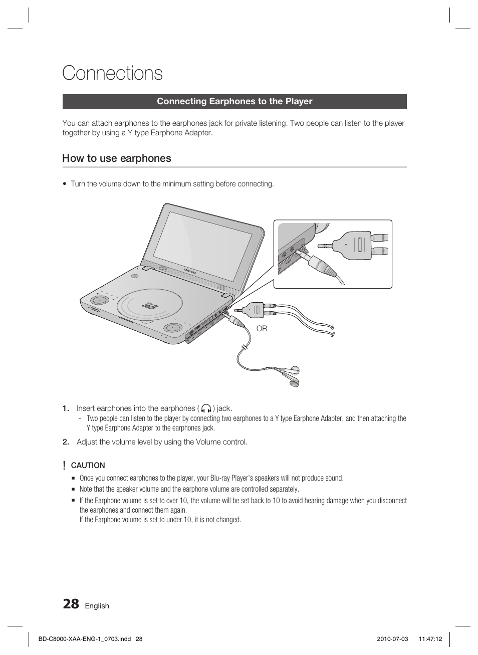 Connections, Connecting earphones to the player | Samsung BD-C8000-XAA User Manual | Page 28 / 85