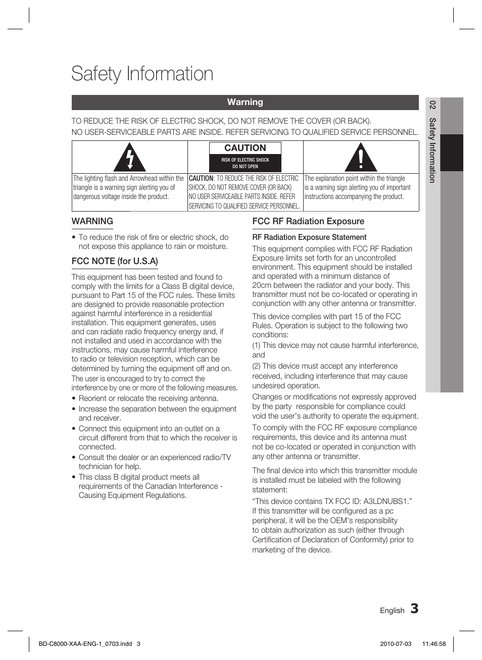 Safety information, Warning | Samsung BD-C8000-XAA User Manual | Page 3 / 85