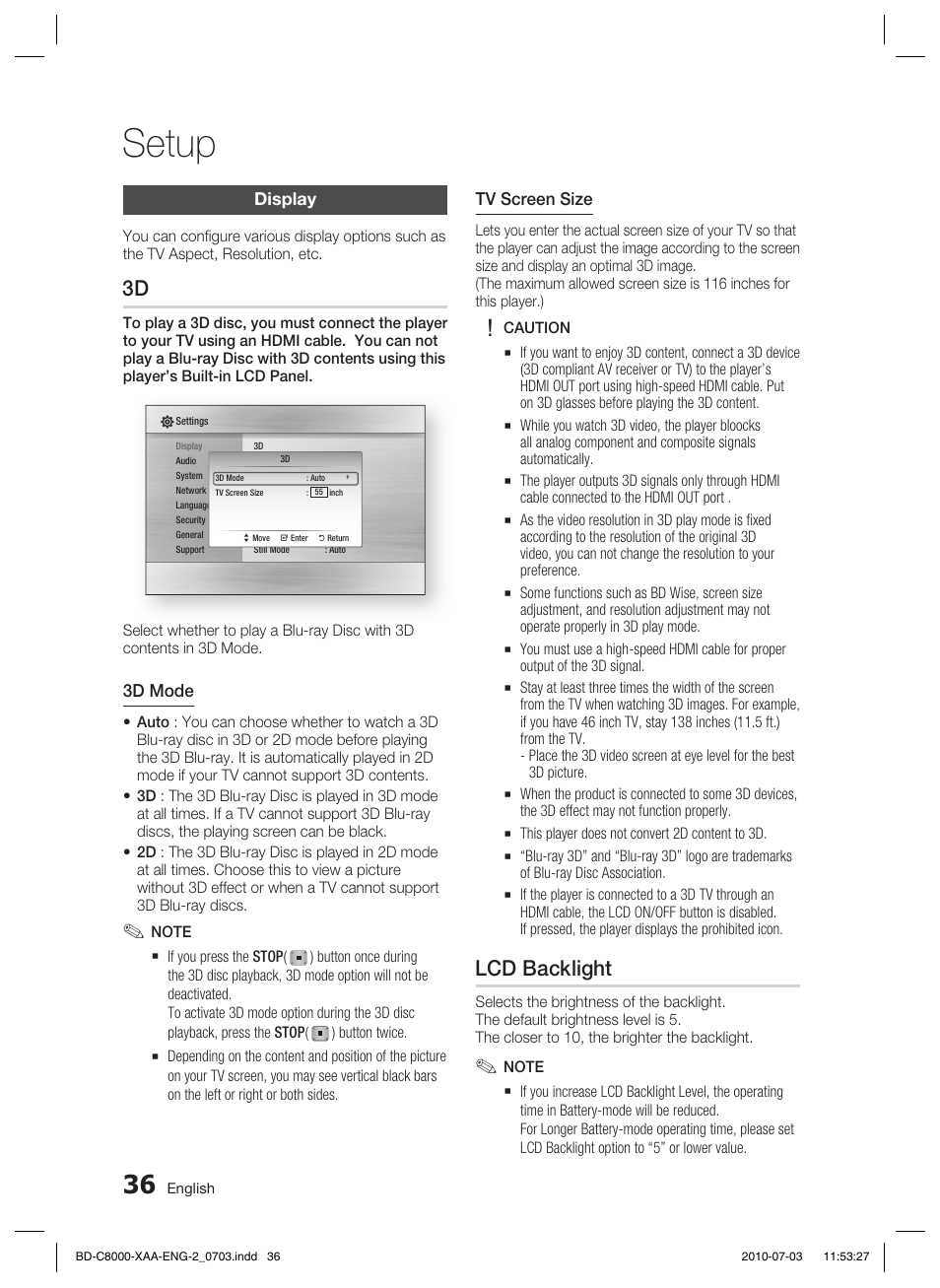 Display, Lcd backlight, Setup | Samsung BD-C8000-XAA User Manual | Page 36 / 85