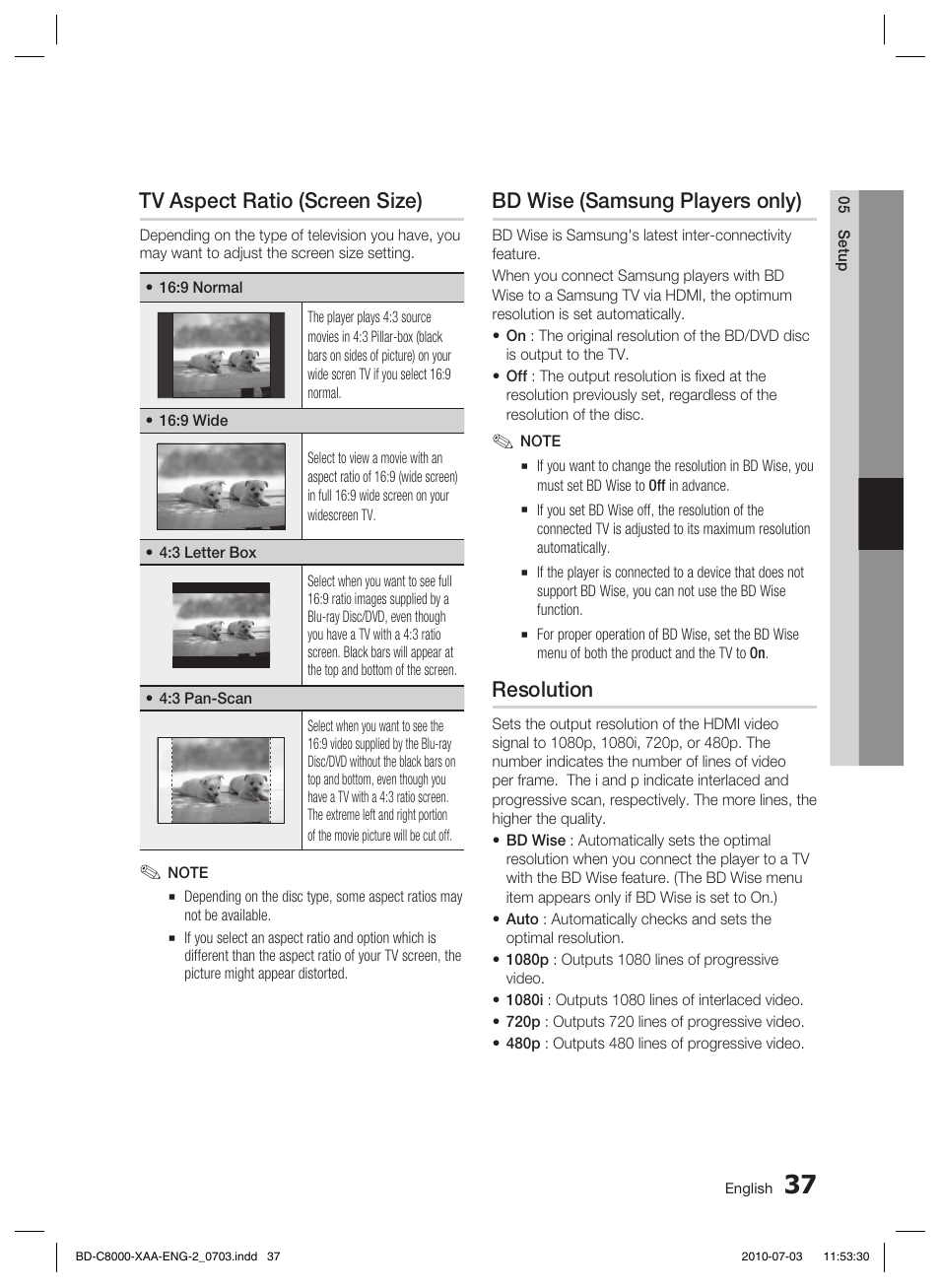 Tv aspect ratio (screen size), Bd wise (samsung players only), Resolution | Samsung BD-C8000-XAA User Manual | Page 37 / 85
