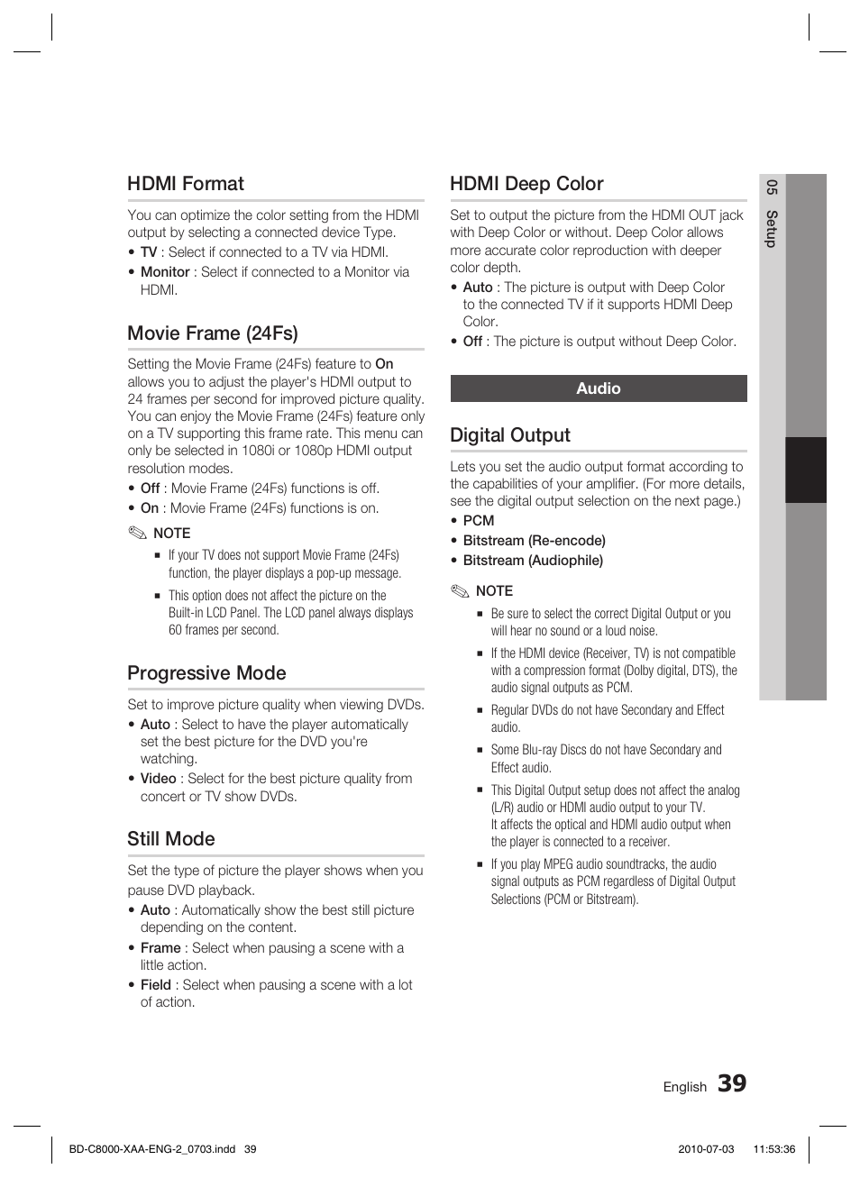 Hdmi format, Movie frame (24fs), Progressive mode | Still mode, Hdmi deep color, Audio, Digital output | Samsung BD-C8000-XAA User Manual | Page 39 / 85