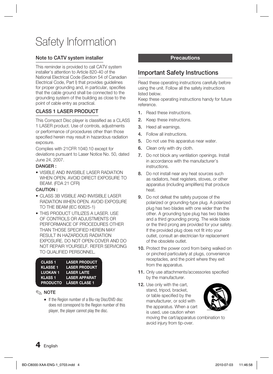 Precautions, Important safety instructions, Safety information | Samsung BD-C8000-XAA User Manual | Page 4 / 85