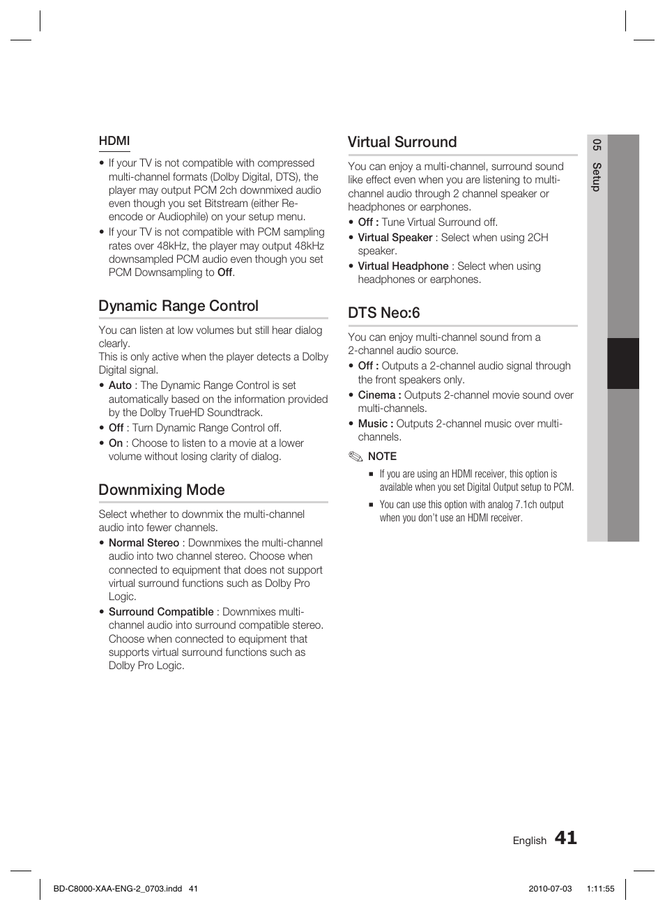 Dynamic range control, Downmixing mode, Virtual surround | Dts neo:6 | Samsung BD-C8000-XAA User Manual | Page 41 / 85