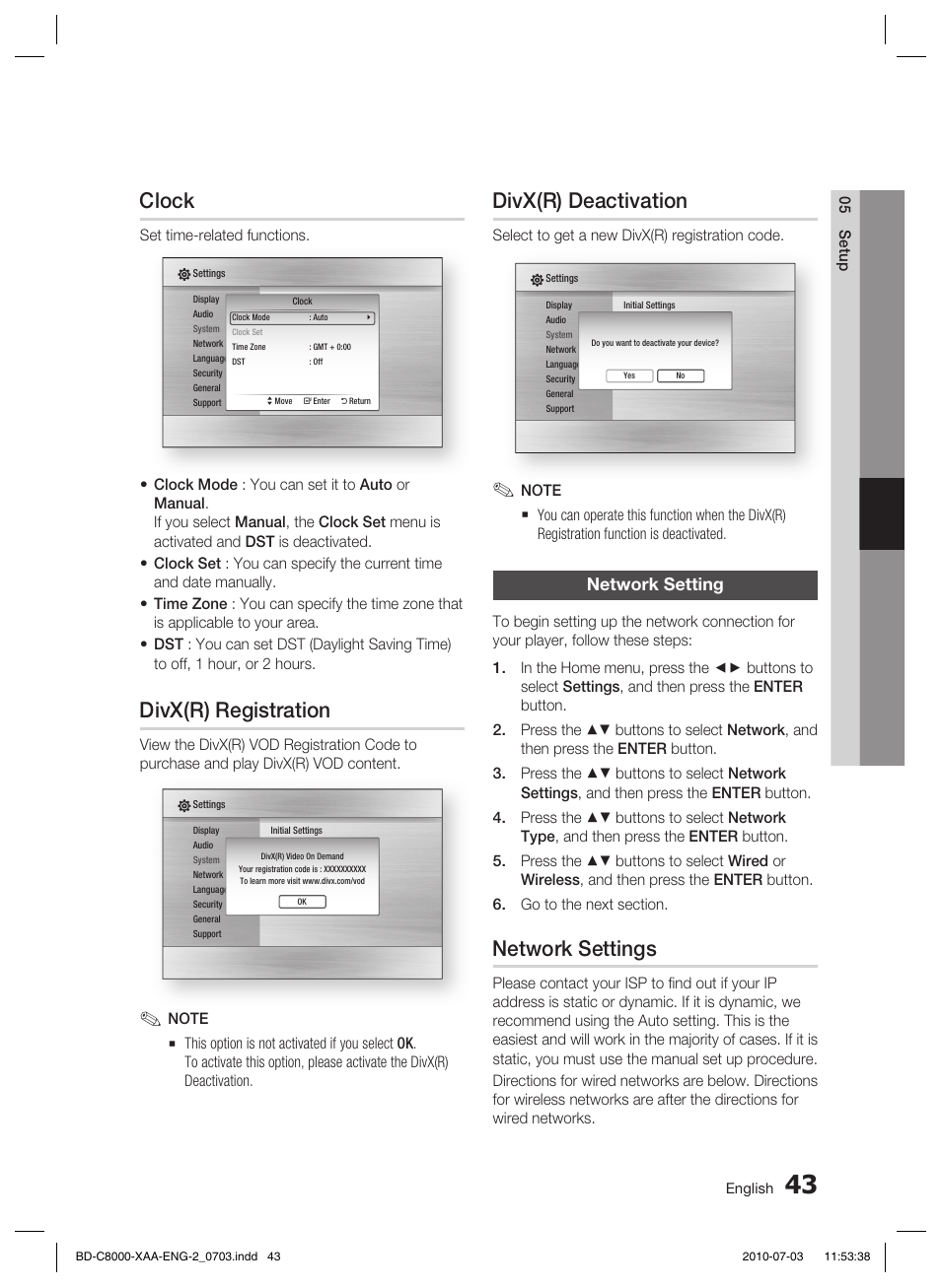 Clock, Divx(r) registration, Divx(r) deactivation | Network setting, Network settings | Samsung BD-C8000-XAA User Manual | Page 43 / 85