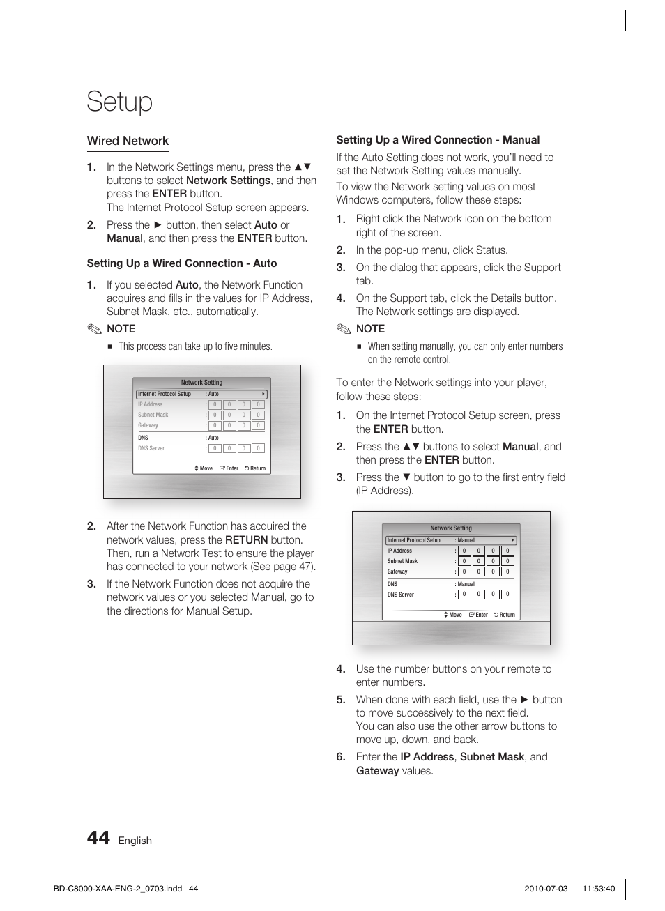 Setup, Wired network | Samsung BD-C8000-XAA User Manual | Page 44 / 85
