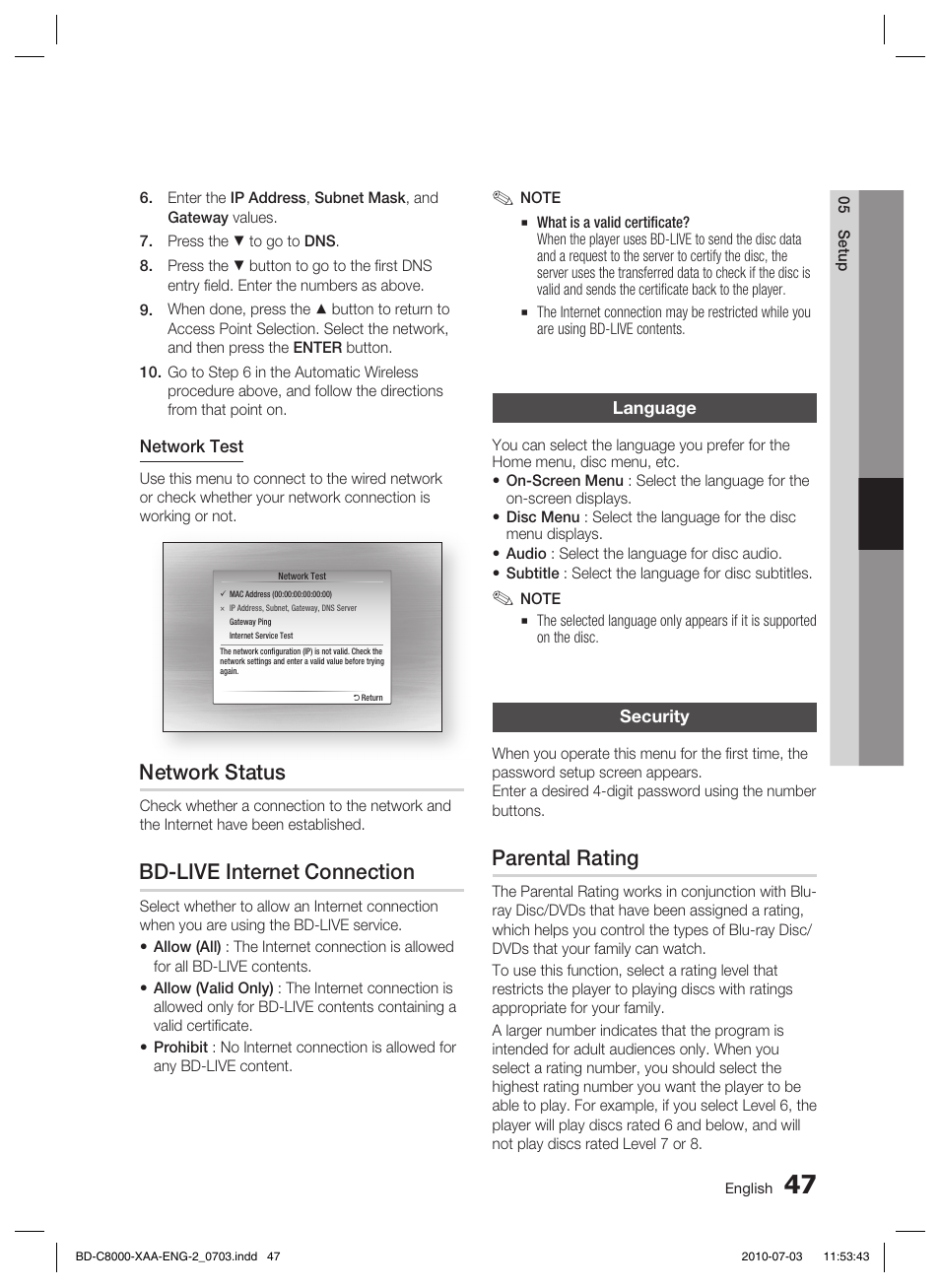 Network status, Bd-live internet connection, Language | Security, Parental rating | Samsung BD-C8000-XAA User Manual | Page 47 / 85