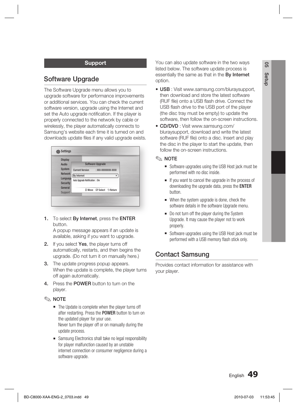 Support, Software upgrade, Contact samsung | Samsung BD-C8000-XAA User Manual | Page 49 / 85
