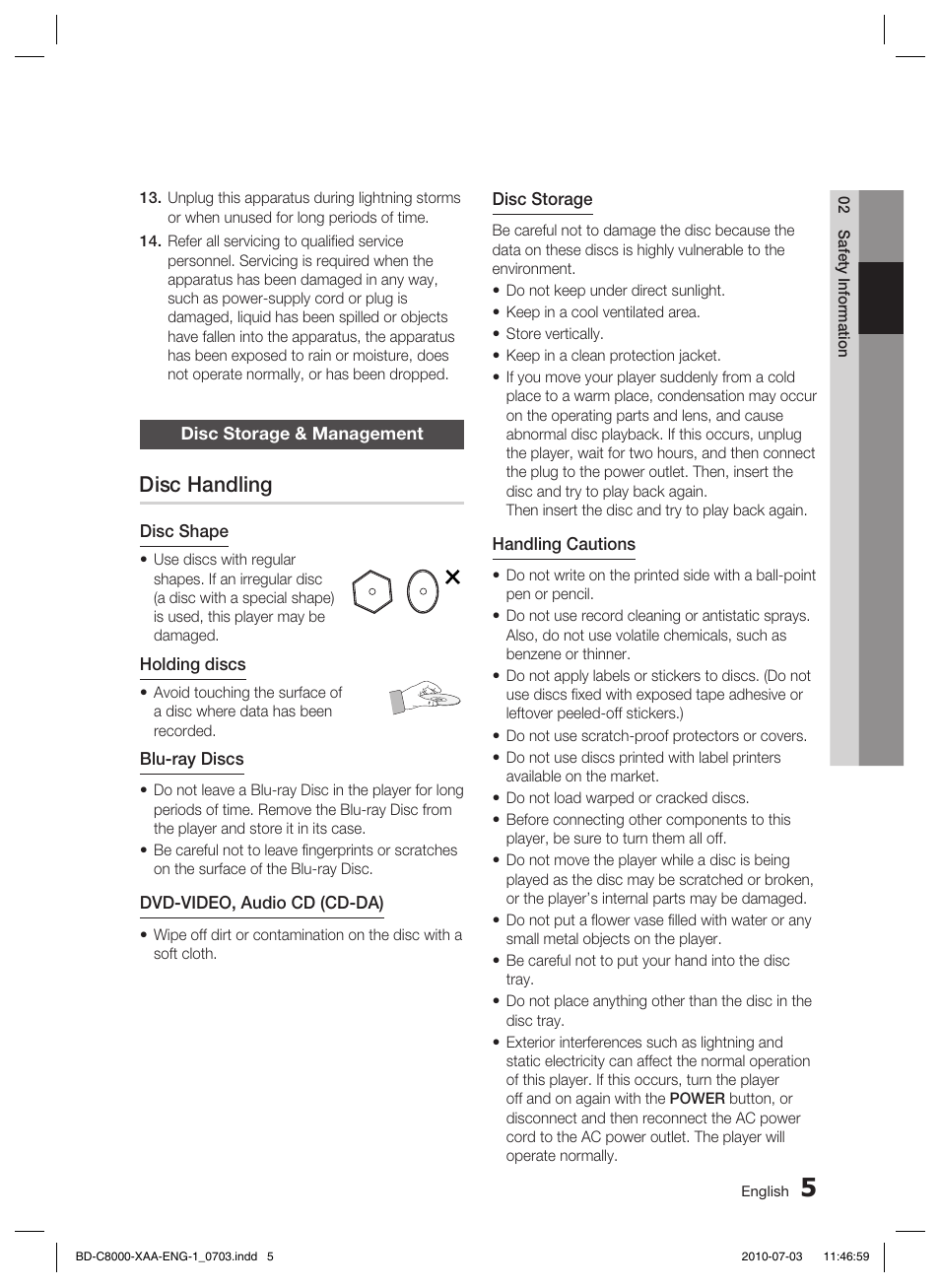 Disc storage & management, Disc handling | Samsung BD-C8000-XAA User Manual | Page 5 / 85