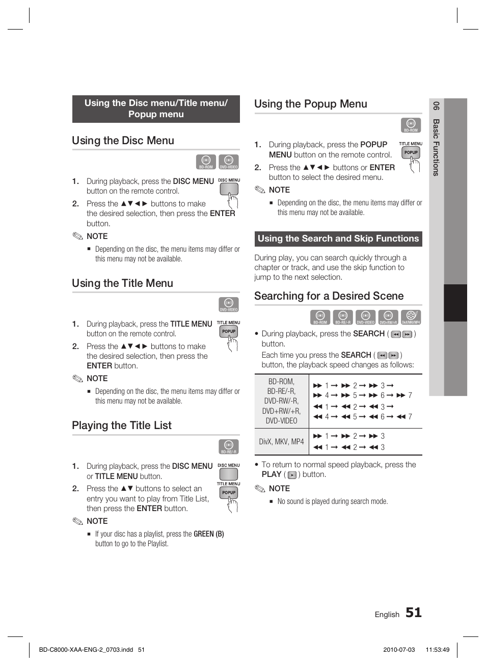 Using the disc menu/title menu/popup menu, Using the disc menu, Using the title menu | Playing the title list, Using the popup menu, Using the search and skip functions, Searching for a desired scene, Hzzyx | Samsung BD-C8000-XAA User Manual | Page 51 / 85