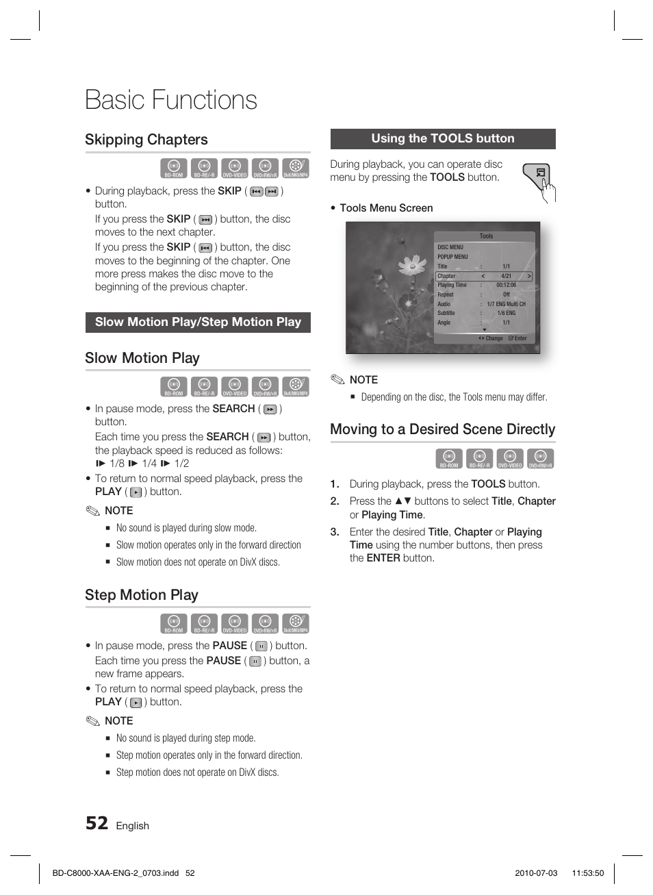 Skipping chapters, Slow motion play/step motion play, Slow motion play | Step motion play, Using the tools button, Moving to a desired scene directly, Basic functions, Hzzyx, Hzzy | Samsung BD-C8000-XAA User Manual | Page 52 / 85