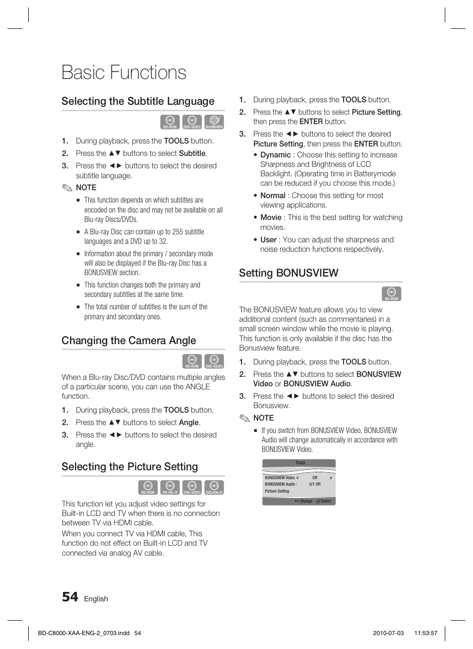 Selecting the subtitle language, Changing the camera angle, Selecting the picture setting | Setting bonusview, Basic functions, Hzzy | Samsung BD-C8000-XAA User Manual | Page 54 / 85
