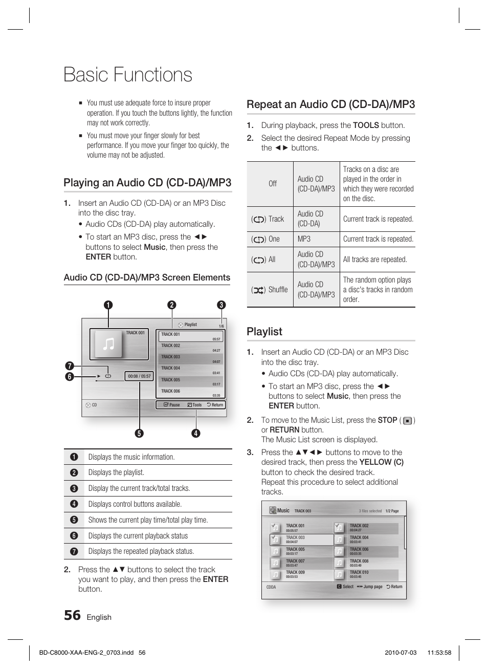 Playing an audio cd (cd-da)/mp3, Repeat an audio cd (cd-da)/mp3, Playlist | Basic functions, Audio cd (cd-da)/mp3 screen elements | Samsung BD-C8000-XAA User Manual | Page 56 / 85