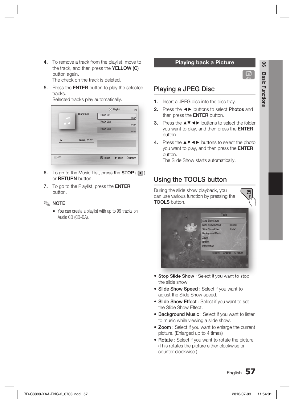 Playing back a picture, Playing a jpeg disc, Using the tools button | Samsung BD-C8000-XAA User Manual | Page 57 / 85