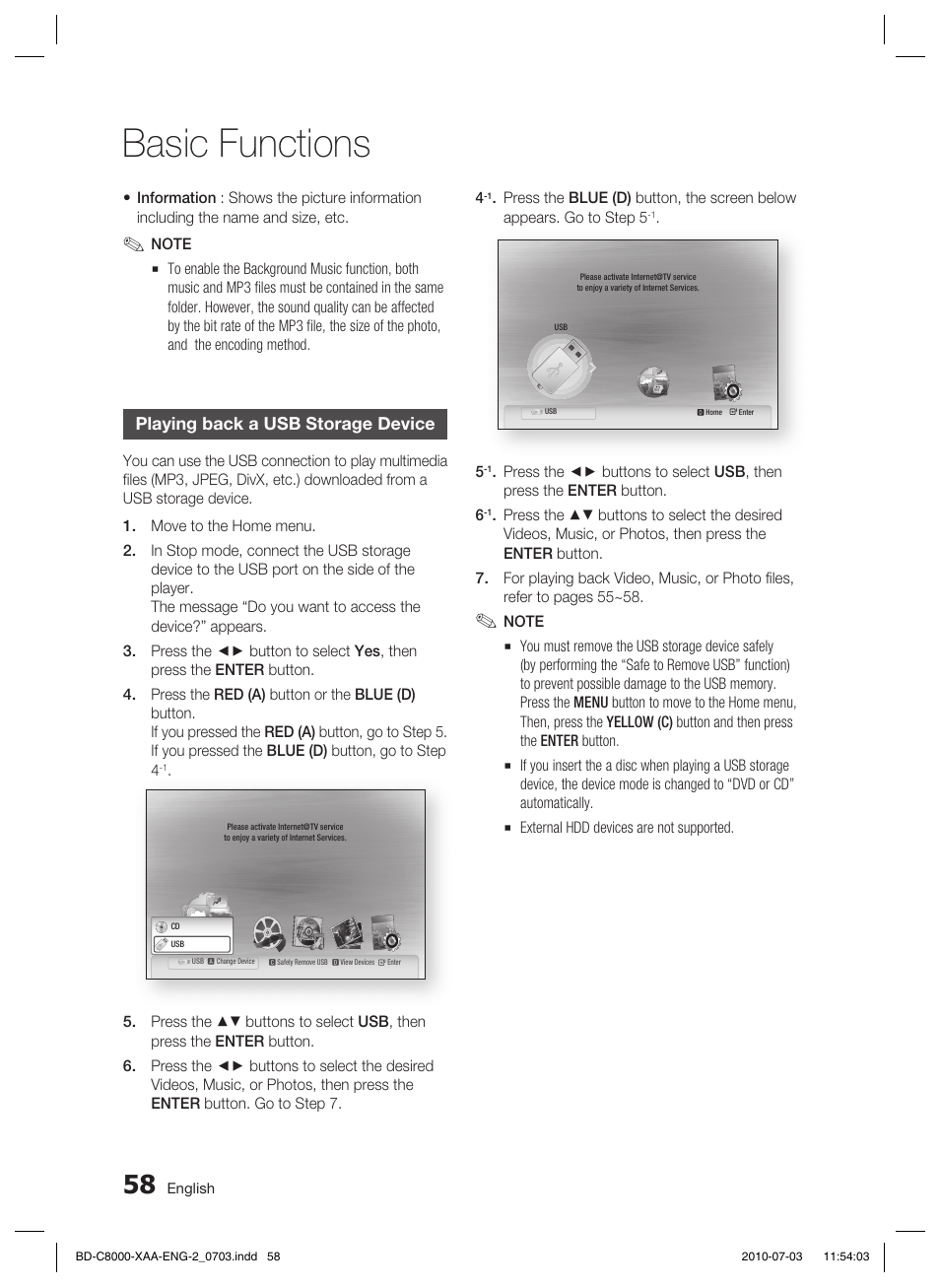 Playing back a usb storage device, Basic functions | Samsung BD-C8000-XAA User Manual | Page 58 / 85