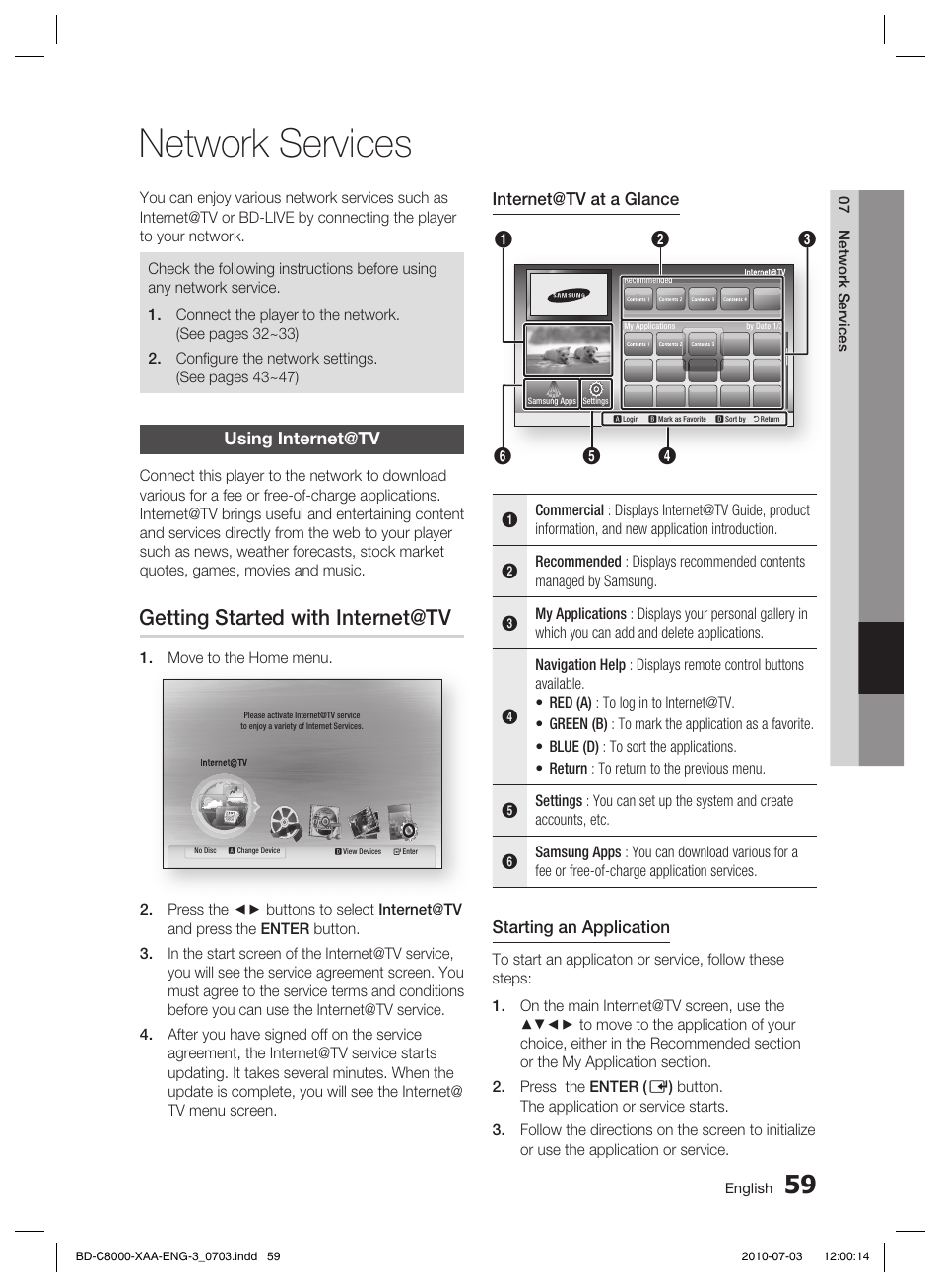 Network services, Using internet@tv, Getting started with internet@tv | Samsung BD-C8000-XAA User Manual | Page 59 / 85
