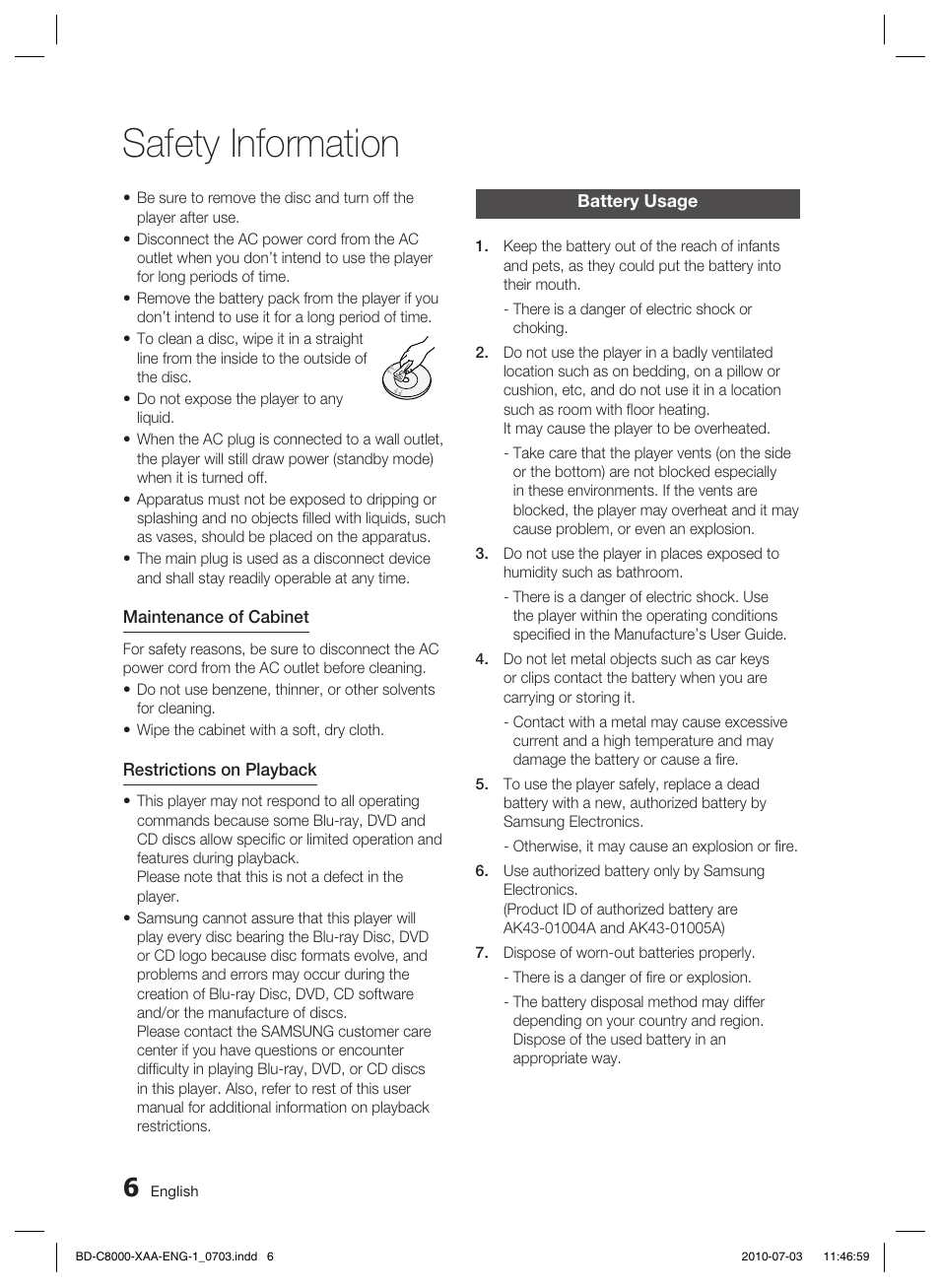 Battery usage, Safety information | Samsung BD-C8000-XAA User Manual | Page 6 / 85