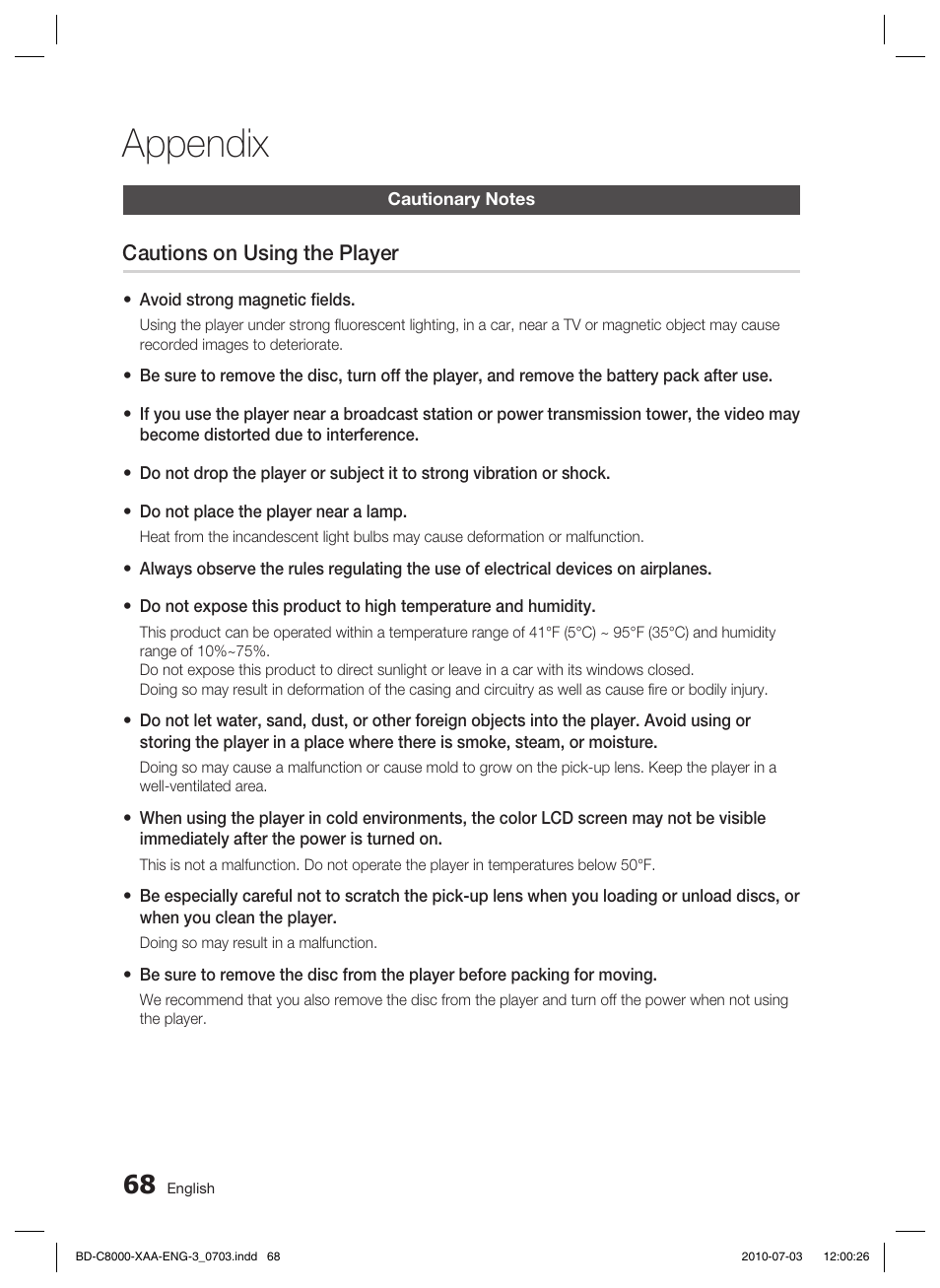 Appendix, Cautionary notes, Cautions on using the player | Samsung BD-C8000-XAA User Manual | Page 68 / 85