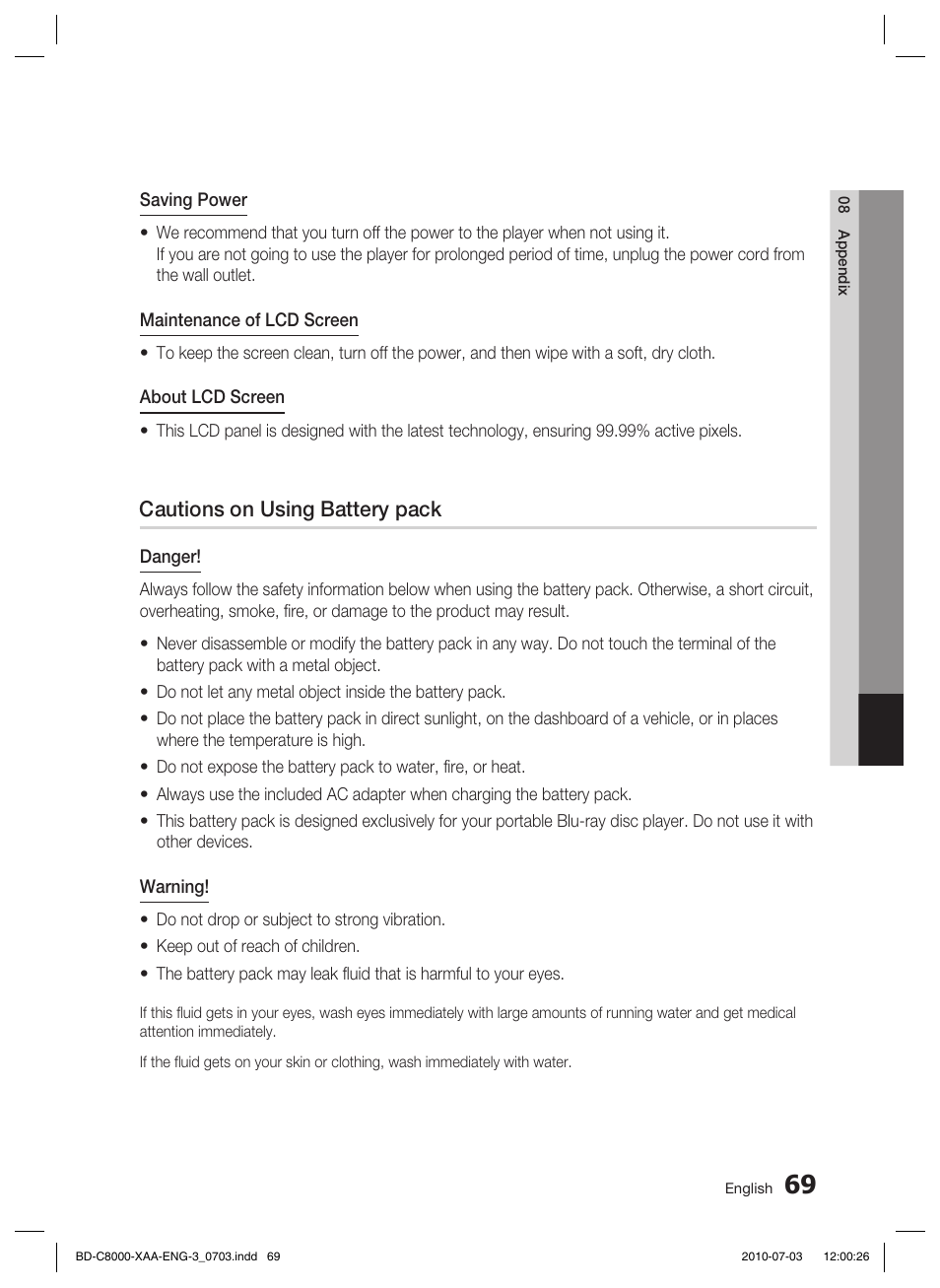 Cautions on using battery pack | Samsung BD-C8000-XAA User Manual | Page 69 / 85