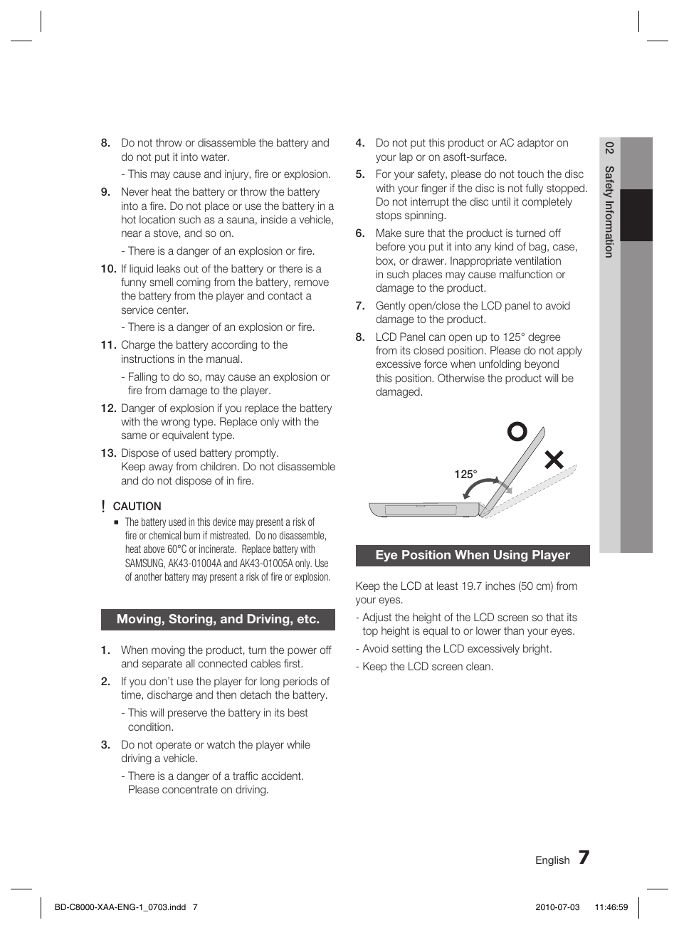 Moving, storing, and driving, etc, Eye position when using player | Samsung BD-C8000-XAA User Manual | Page 7 / 85