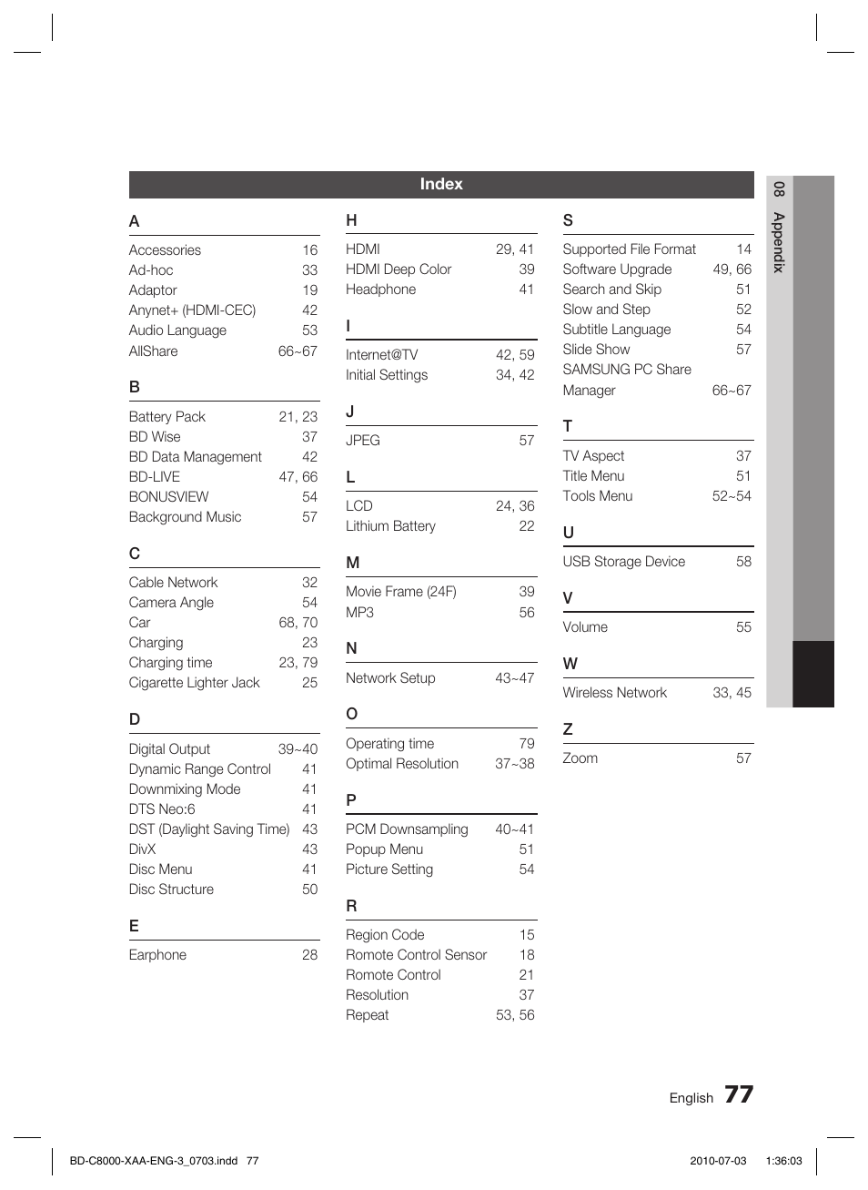 Index | Samsung BD-C8000-XAA User Manual | Page 77 / 85