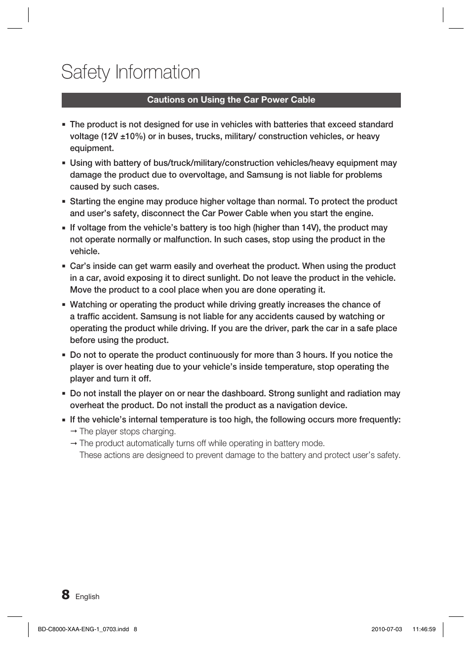 Cautions on using the car power cable, Safety information | Samsung BD-C8000-XAA User Manual | Page 8 / 85