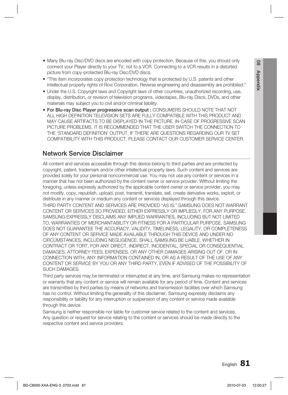 Network service disclaimer | Samsung BD-C8000-XAA User Manual | Page 81 / 85