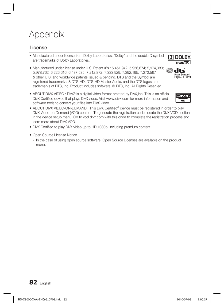 License, Appendix | Samsung BD-C8000-XAA User Manual | Page 82 / 85