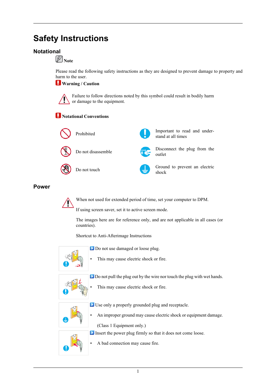 Safety instructions, Notational, Power | Samsung LS22AQVJFV-XAA User Manual | Page 2 / 67