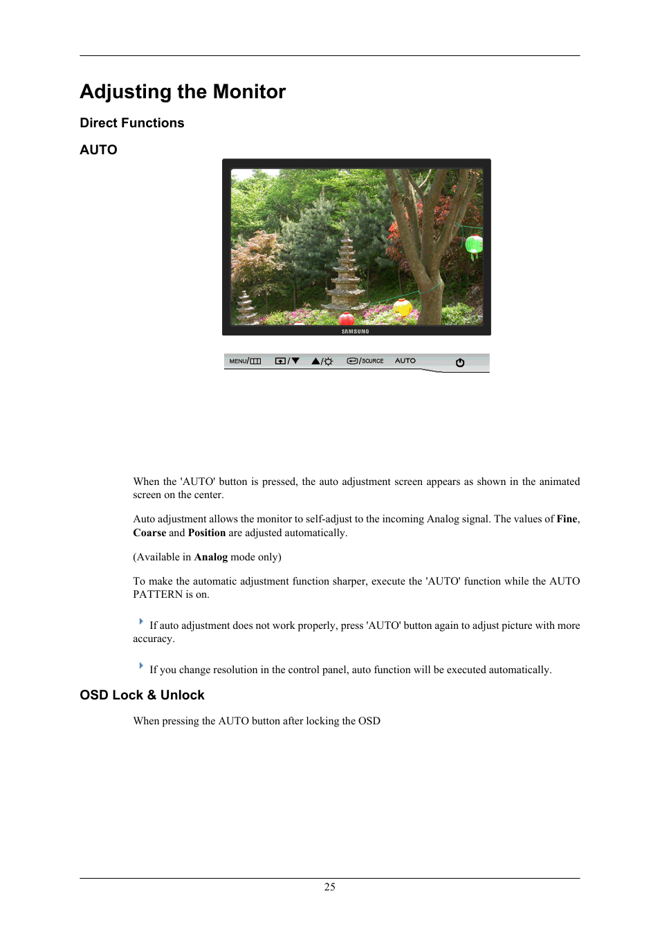 Adjusting the monitor, Direct functions, Auto | Osd lock & unlock | Samsung LS22AQVJFV-XAA User Manual | Page 26 / 67