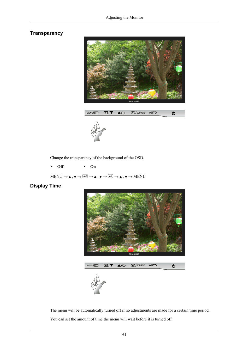 Transparency, Display time | Samsung LS22AQVJFV-XAA User Manual | Page 42 / 67
