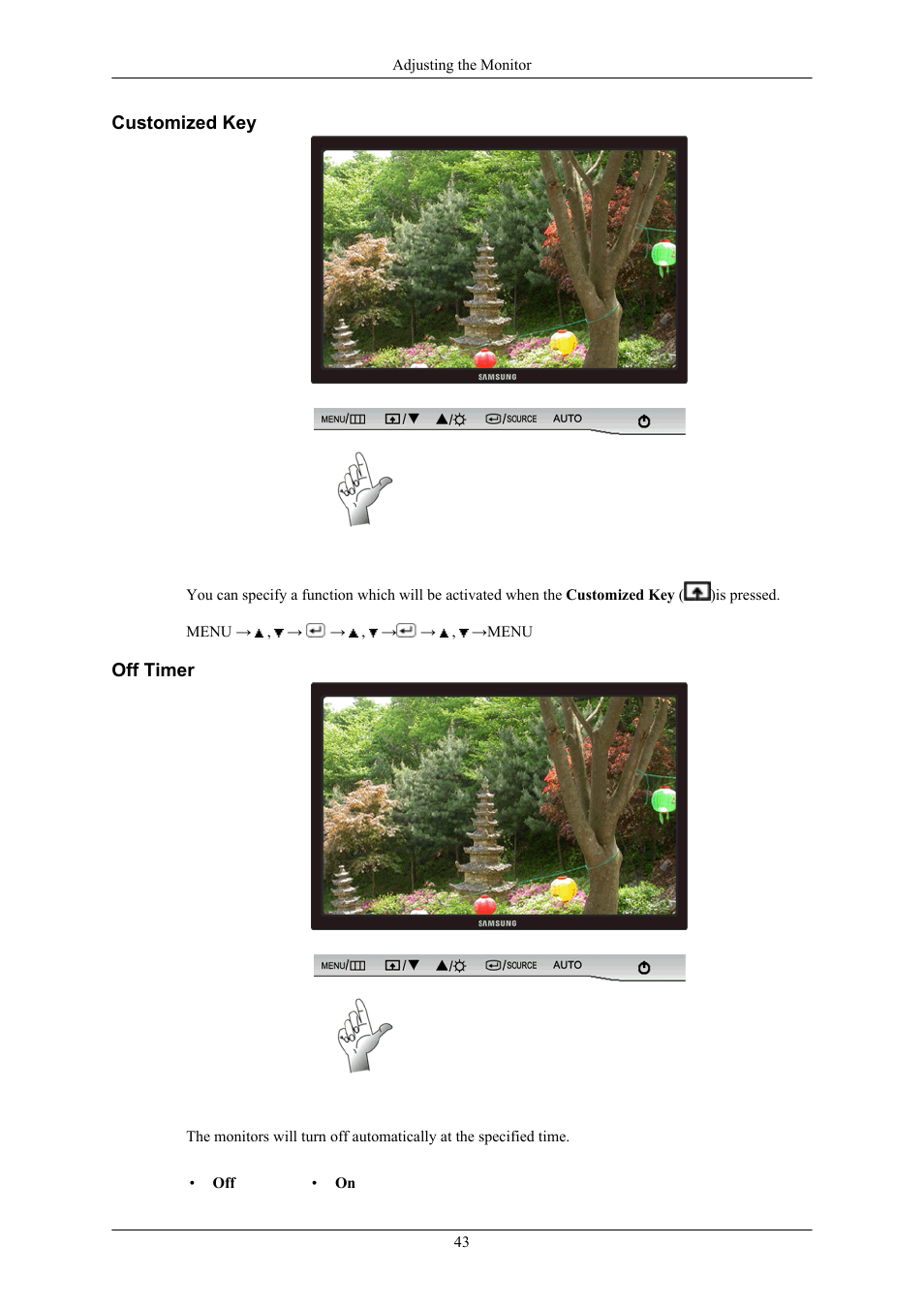 Customized key, Off timer | Samsung LS22AQVJFV-XAA User Manual | Page 44 / 67