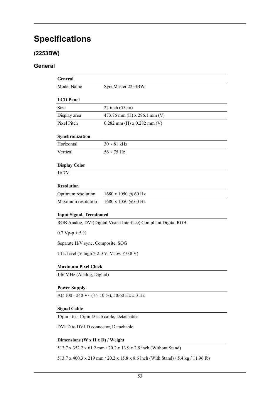 Specifications, 2253bw)general | Samsung LS22AQVJFV-XAA User Manual | Page 54 / 67