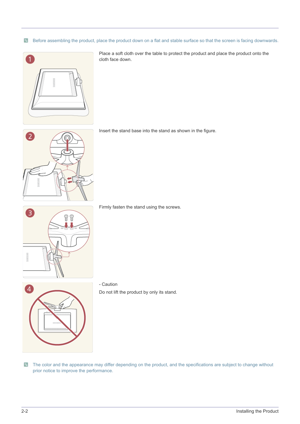 2 installing the stand, Installing the stand -2 | Samsung LS24F9NSM-ZA User Manual | Page 14 / 76