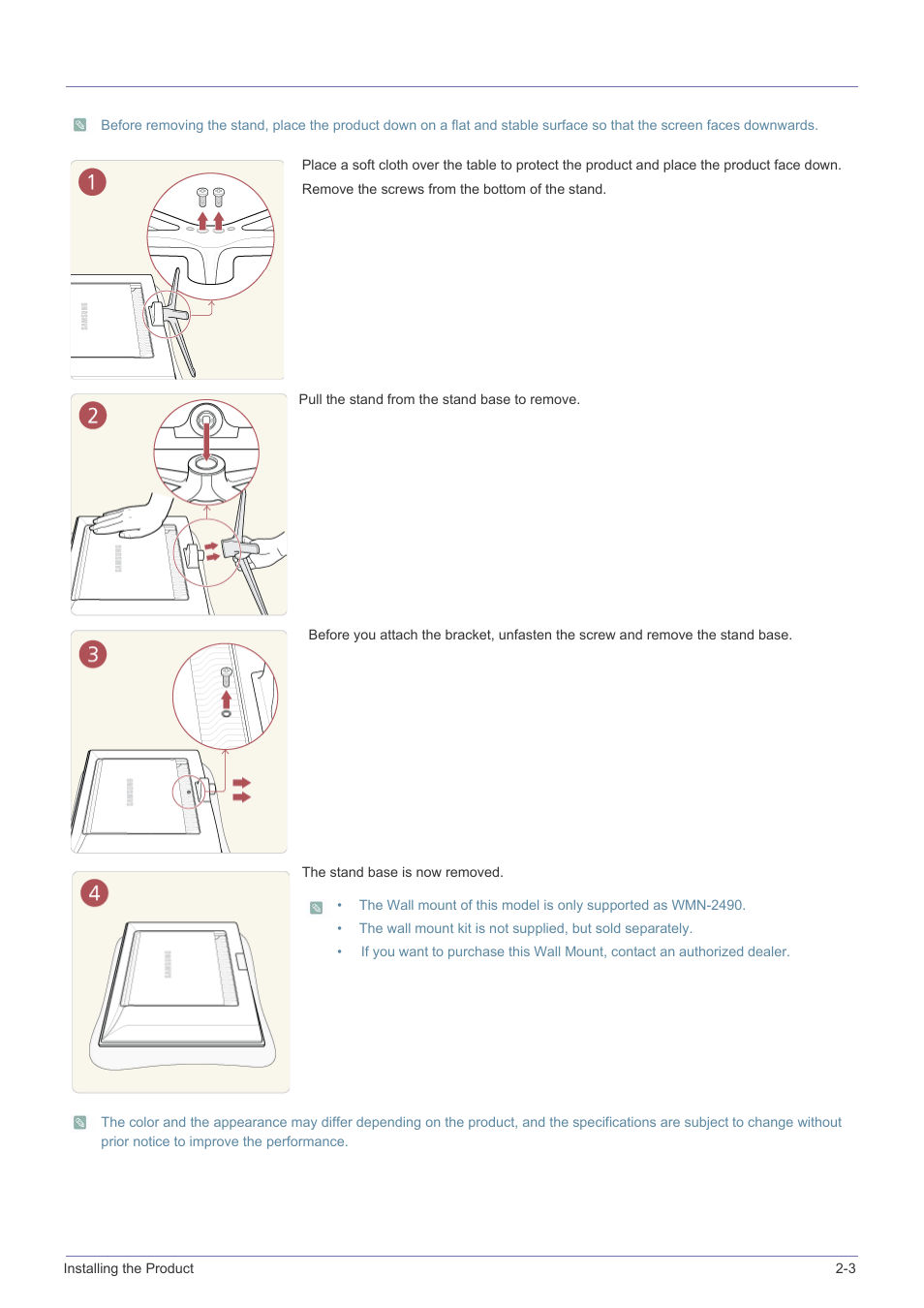 3 removing the stand, Removing the stand -3 | Samsung LS24F9NSM-ZA User Manual | Page 15 / 76