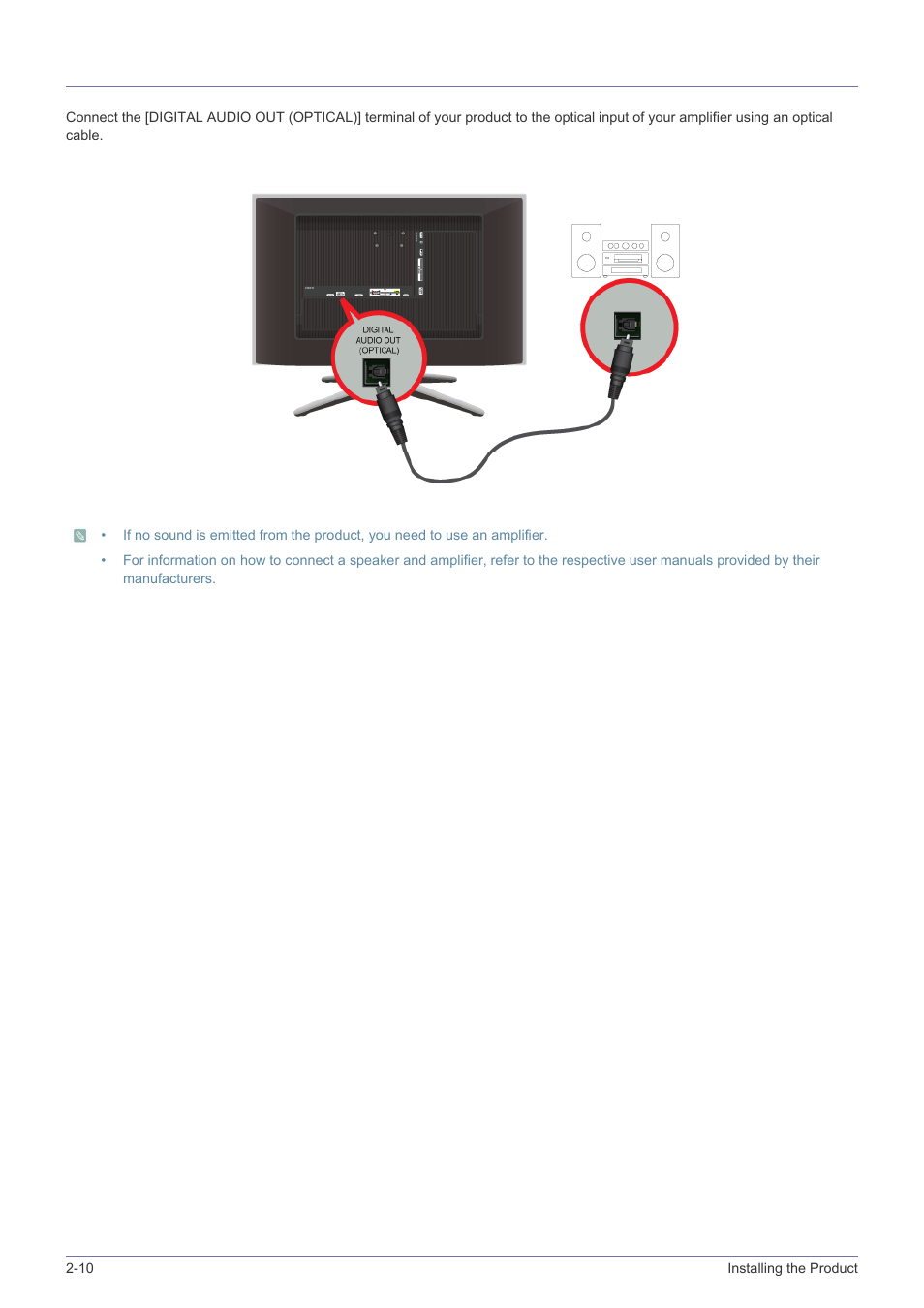 10 connecting to an amplifier, Connecting to an amplifier -10 | Samsung LS24F9NSM-ZA User Manual | Page 24 / 76