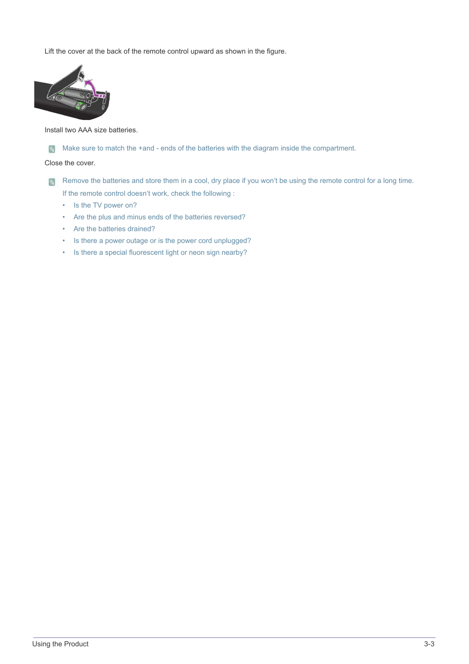 Installing batteries in the remote control | Samsung LS24F9NSM-ZA User Manual | Page 31 / 76