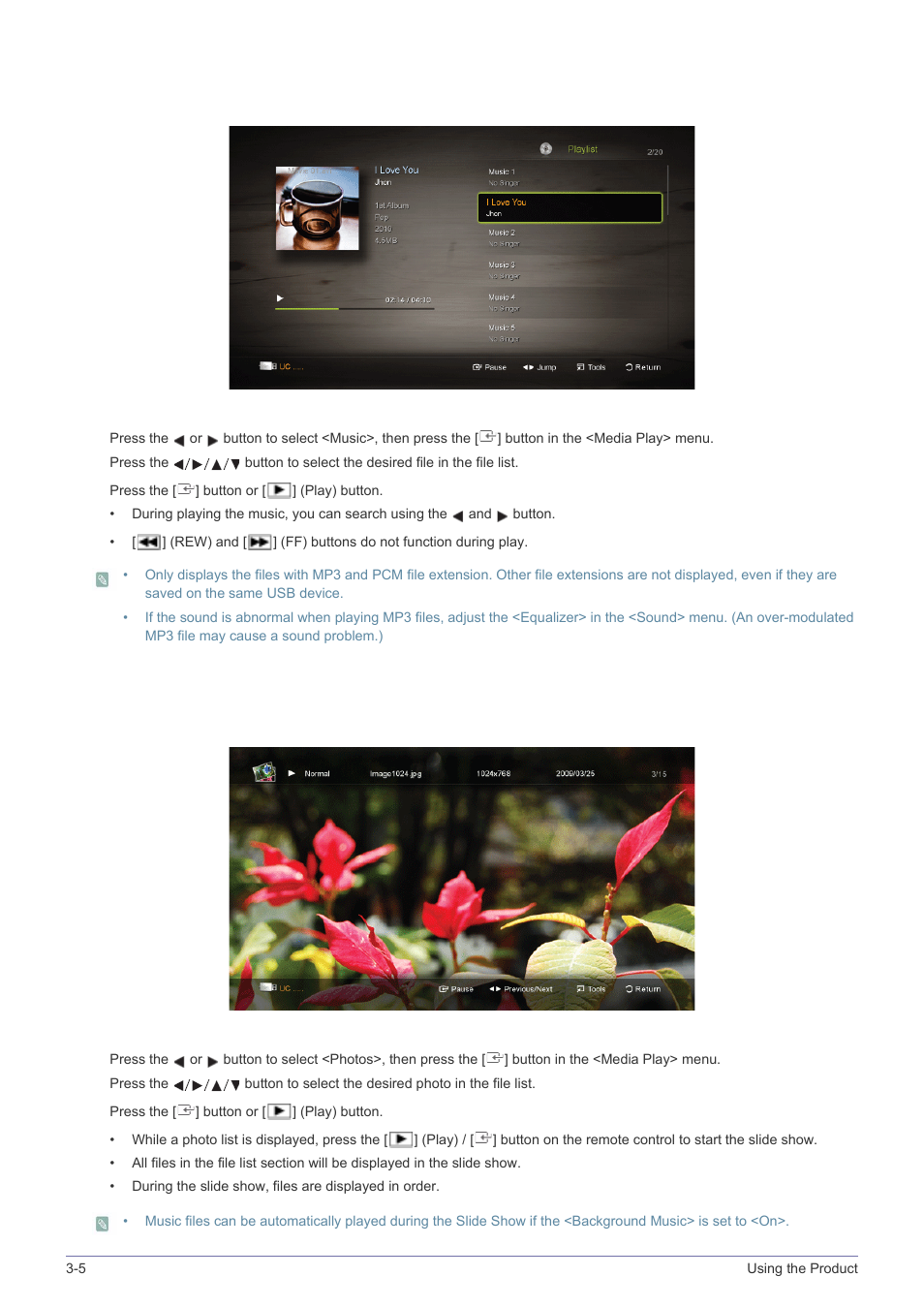 Music, Photos | Samsung LS24F9NSM-ZA User Manual | Page 58 / 76