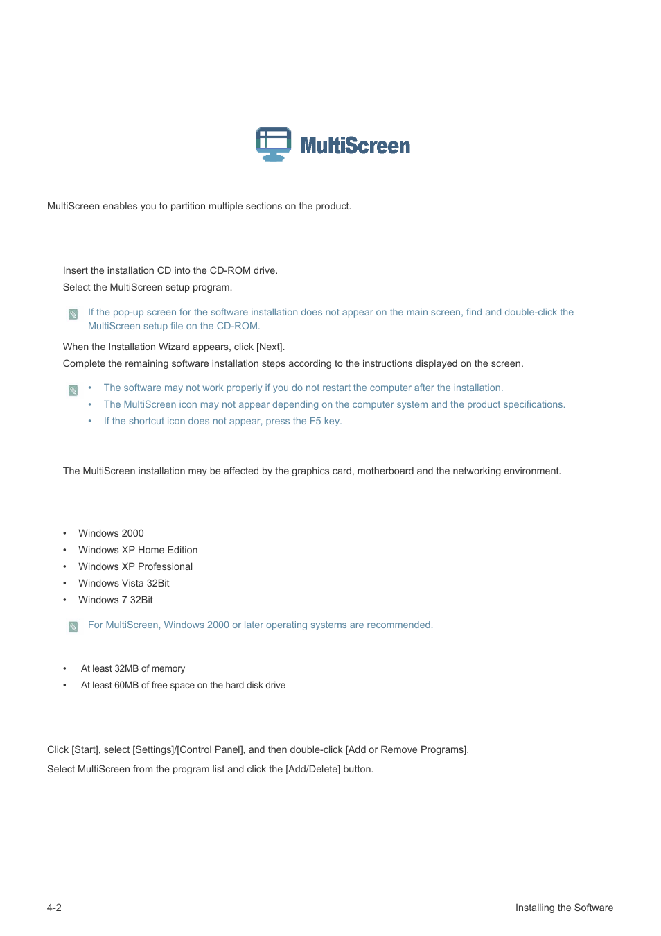 2 multiscreen, Multiscreen -2, What is multiscreen | Installing the software, Removing the software, Multiscreen installation requirements | Samsung LS24F9NSM-ZA User Manual | Page 68 / 76