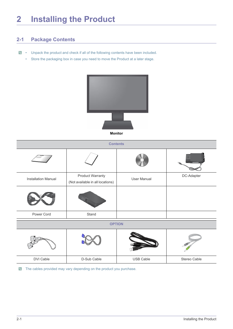 2 installing the product, 1 package contents, Installing the product | Package contents -1, 2installing the product | Samsung LS24A450BWT-GO User Manual | Page 12 / 104