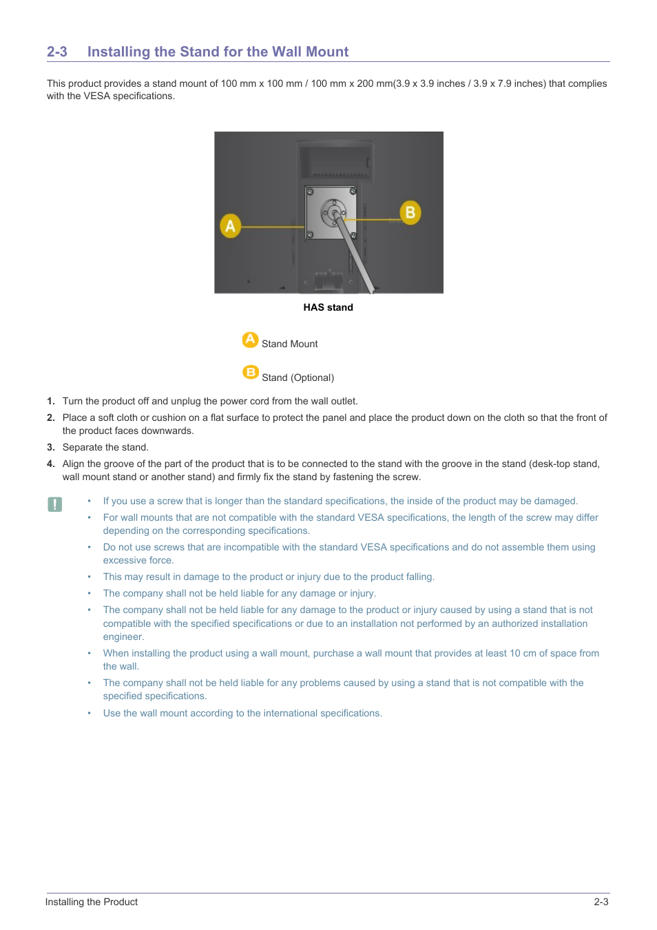 3 installing the stand for the wall mount, Installing the stand for the wall mount -3 | Samsung LS24A450BWT-GO User Manual | Page 15 / 104