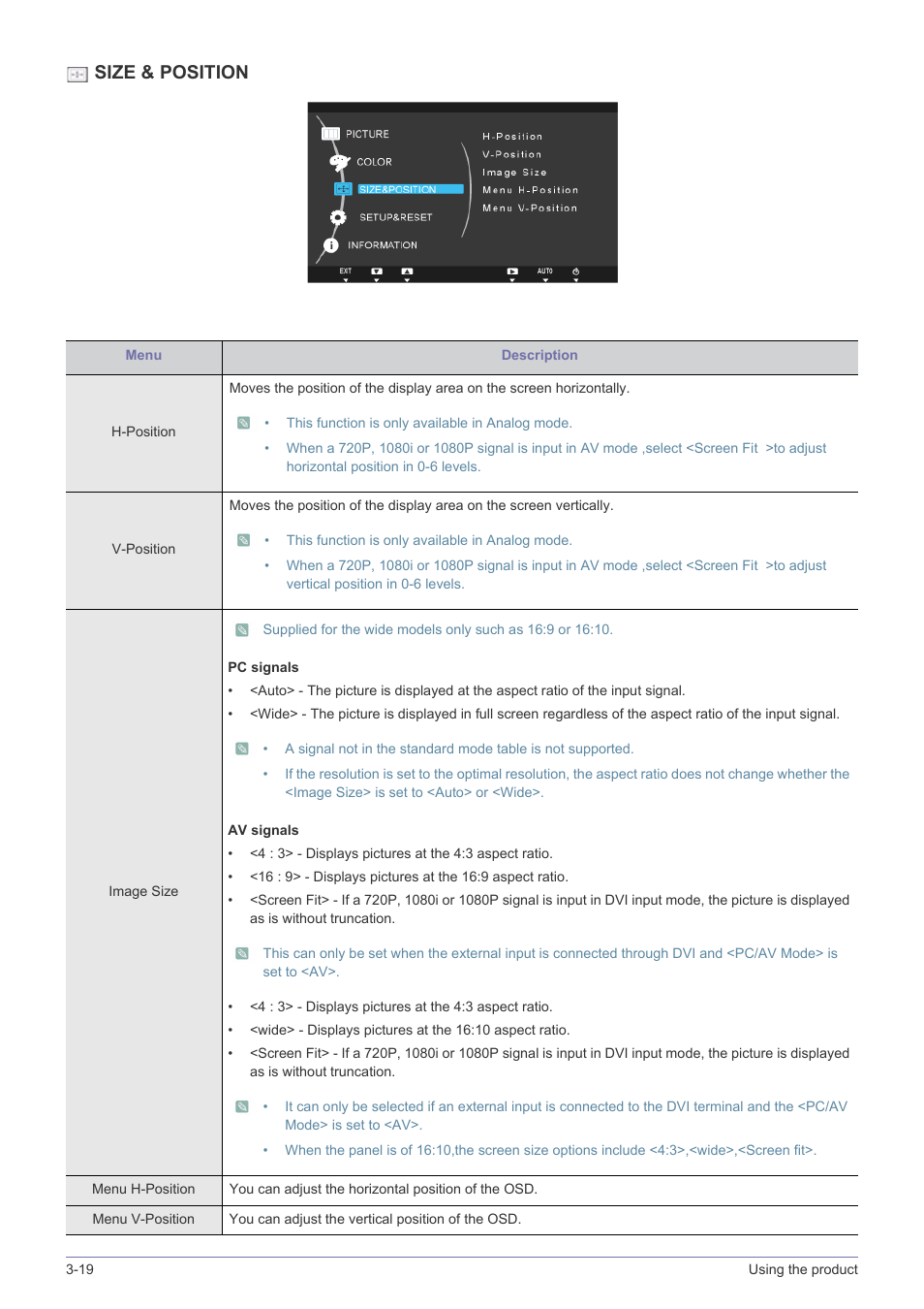 Size & position | Samsung LS24A450BWT-GO User Manual | Page 52 / 104